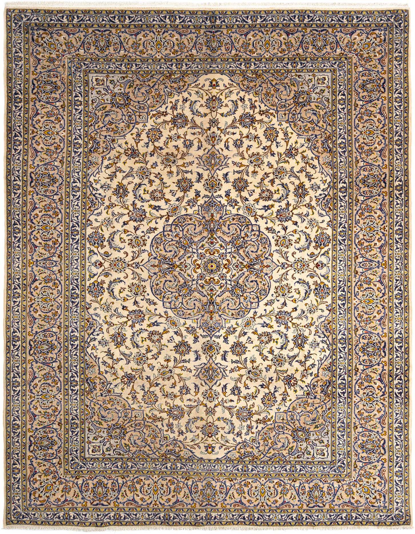 A rectangular 10x13 Persian rug with a central medallion and intricate floral patterns in shades of brown, tan, and blue.