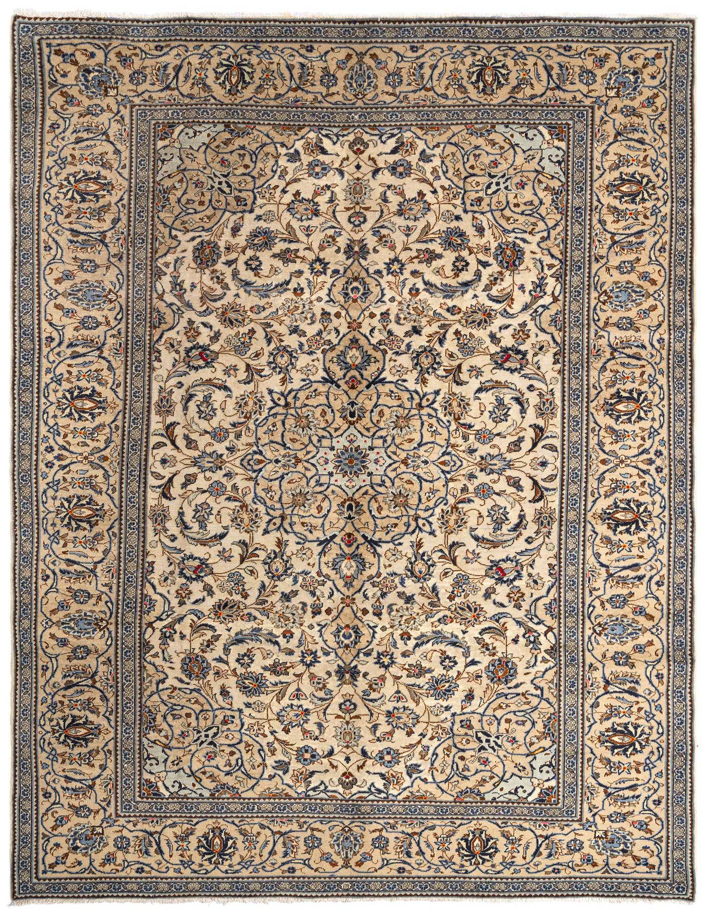 An 8x11 rectangular Persian wool rug featuring intricate floral patterns in shades of brown, tan, and blue on a cream background.