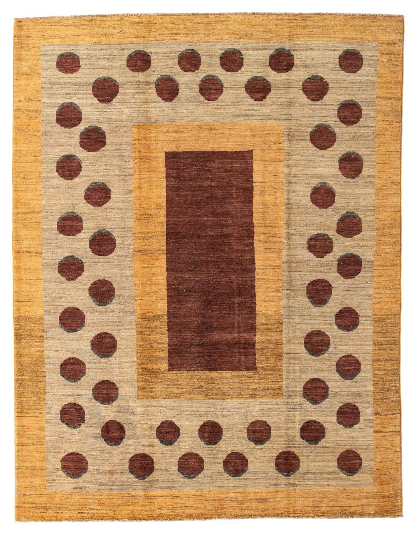 A 7x10 rectangular Kashkuli Gabbeh rug featuring a modern abstract design in browns and tans with a central brown rectangle and scattered brown polka dots.