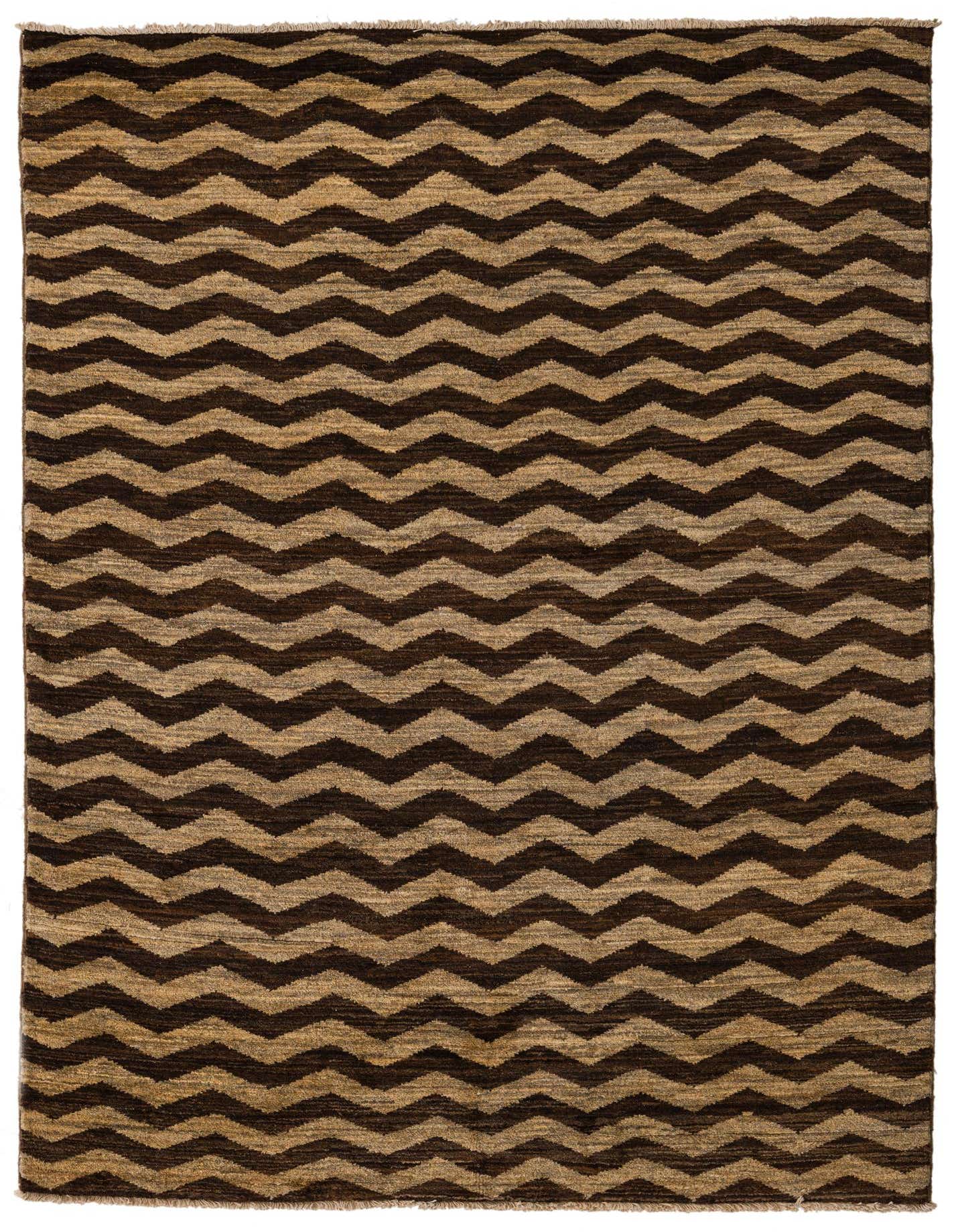 A 4x6 rectangular brown and tan wool rug with a modern chevron stripe pattern, suitable for a living room.