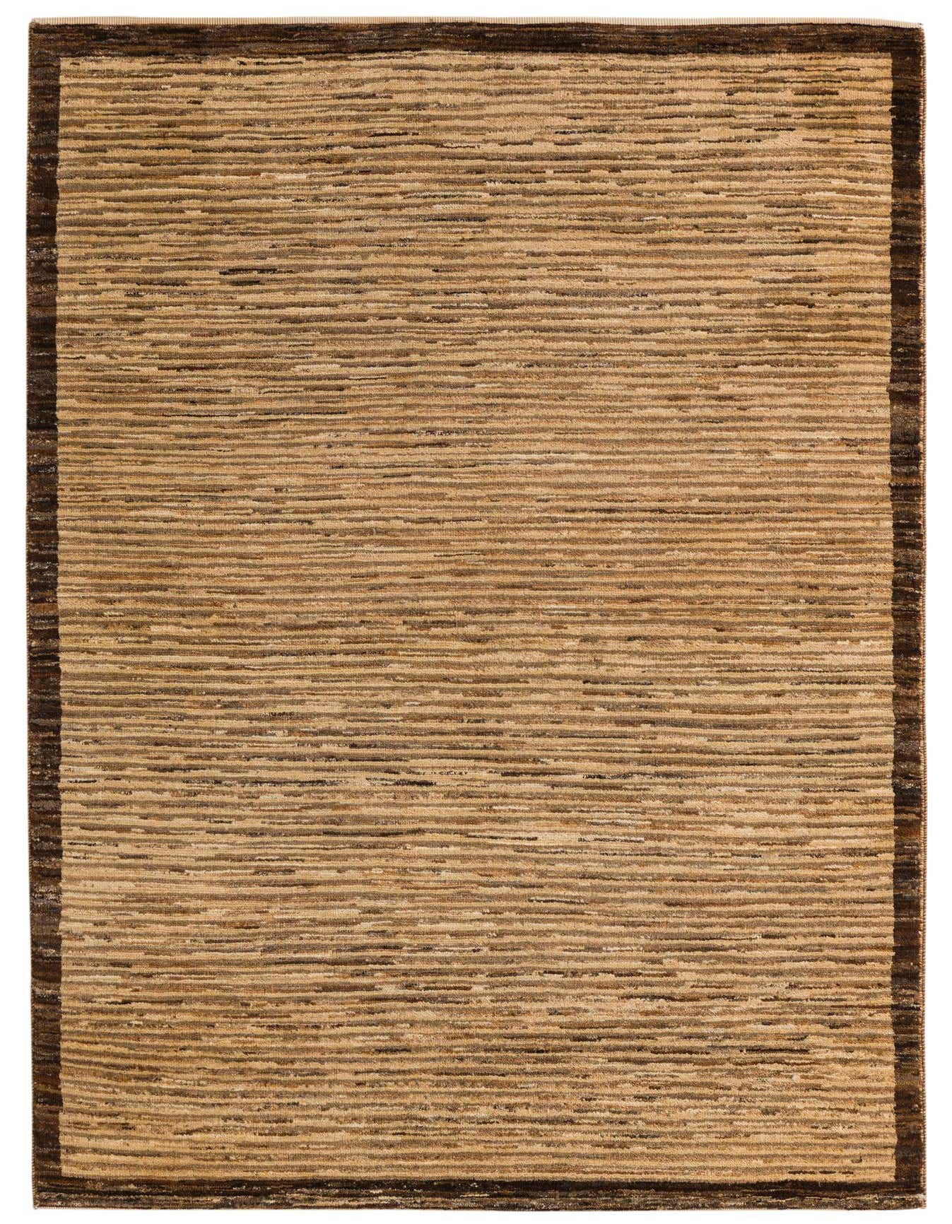 A 4x6 rectangular brown and tan wool rug with a modern striped pattern and a dark border.