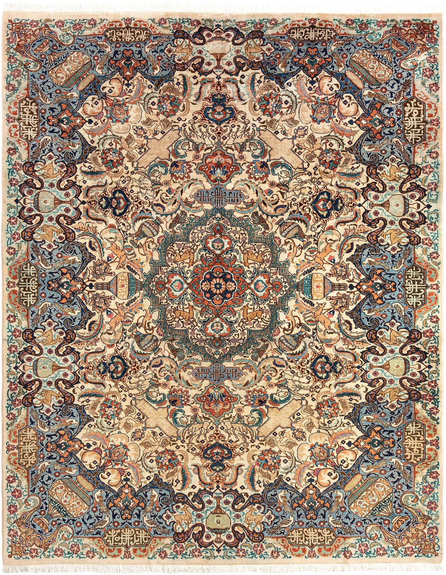 An 8x11 rectangular Kashmar Persian wool rug featuring an intricate traditional medallion and border design in shades of brown, tan, blue, and rust.
