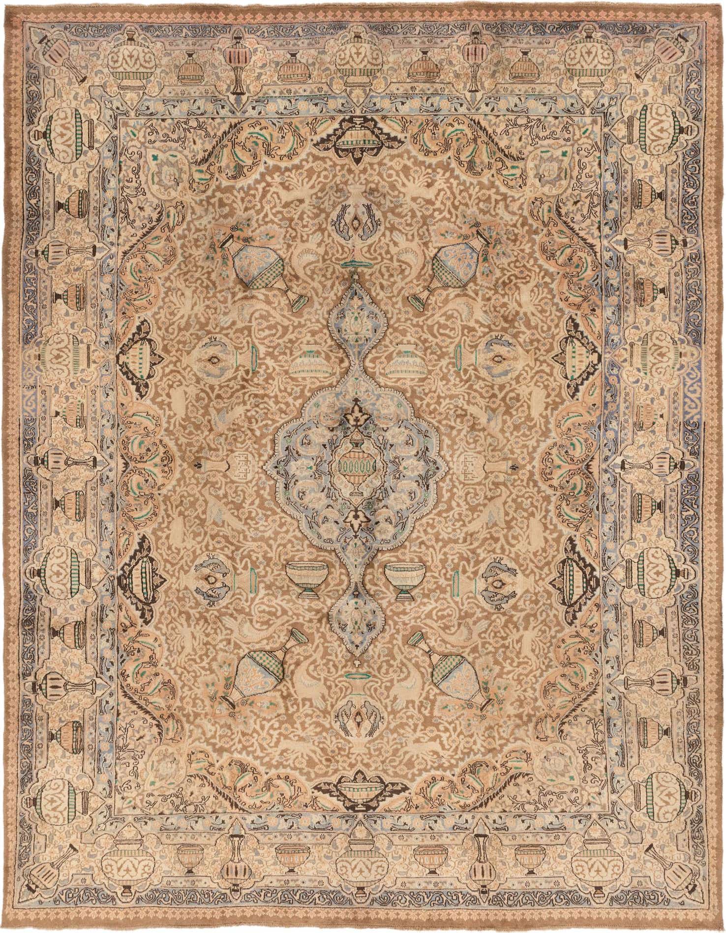 A 10x13 rectangular Kashmar Persian rug in browns and tans, featuring a central medallion and intricate botanical patterns.