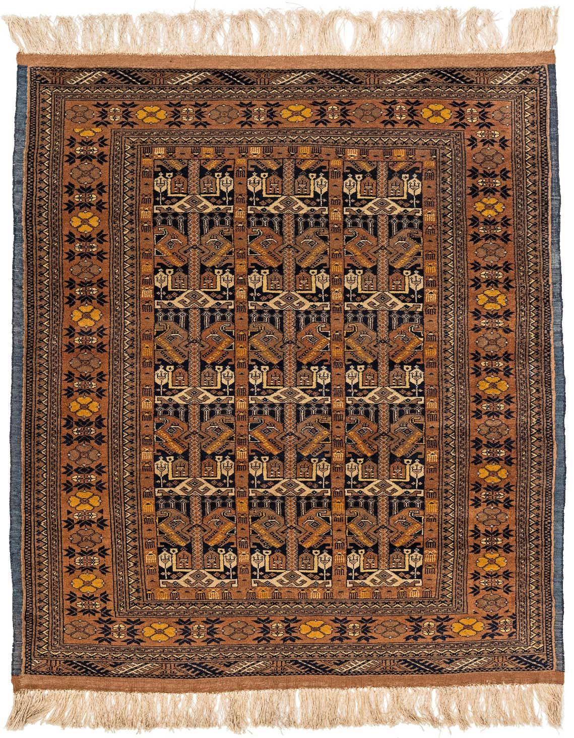 A 4x6 rectangular Kashmir wool rug featuring a traditional Oriental pattern in shades of brown, tan, and dark blue, with fringe.