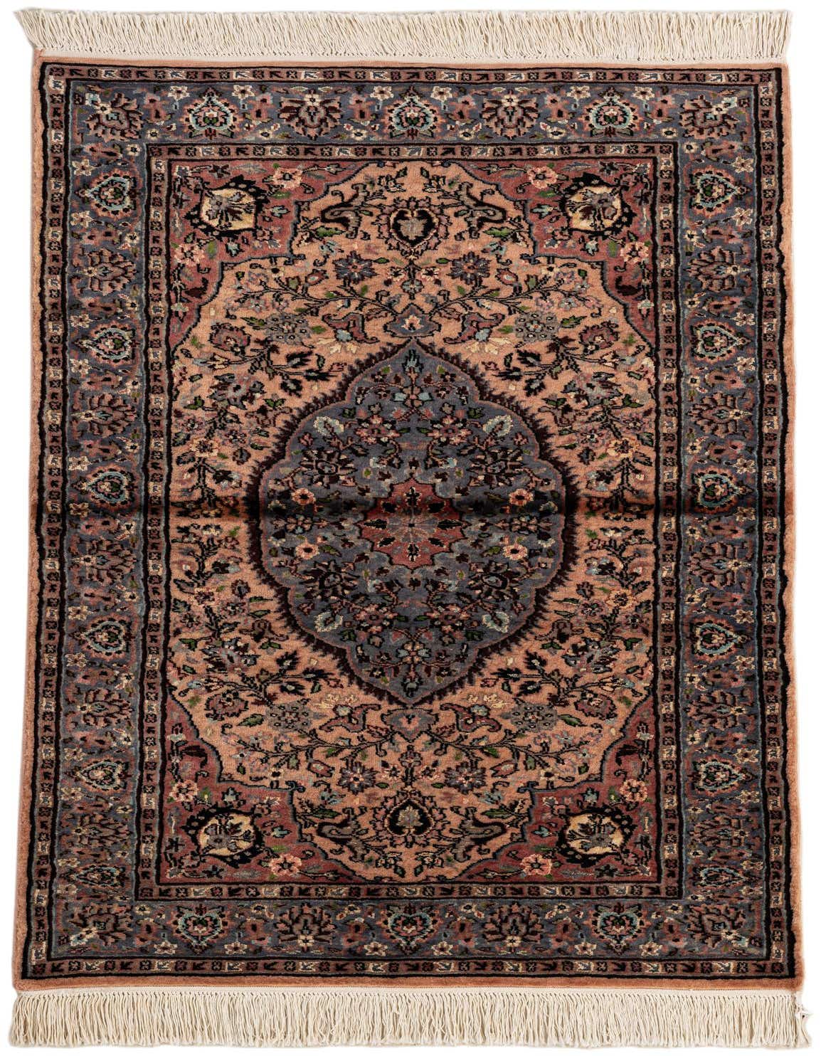 A 3x5 rectangular Kashmir rug featuring a traditional Oriental medallion pattern in shades of brown, tan, and blue with fringe.
