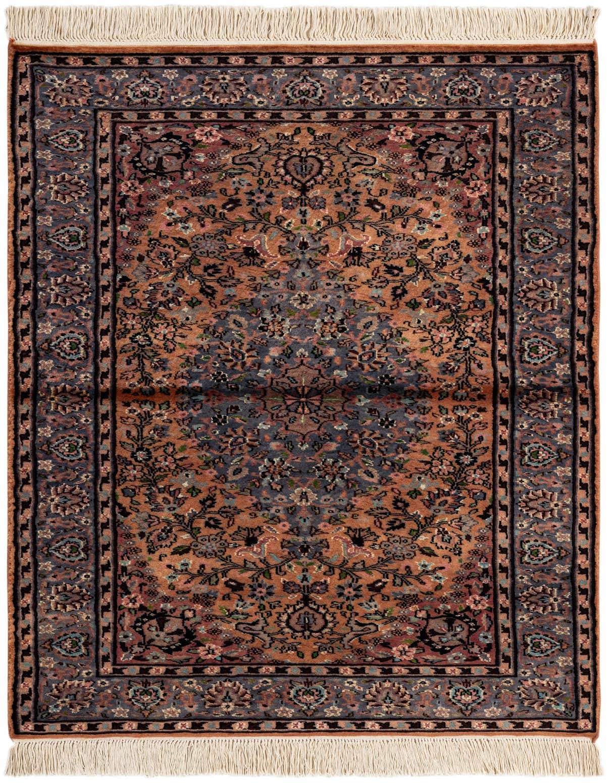 A 3x5 rectangular Kashmir rug featuring a traditional Oriental medallion pattern in warm browns, tans, and muted blues with fringe.