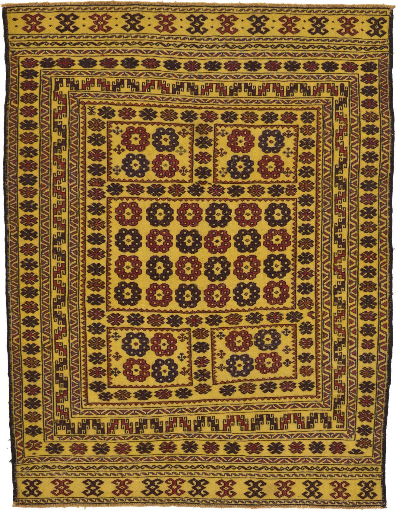 A 4x6 rectangular Kilim Afghan rug with a tribal, oriental pattern in shades of brown and tan, featuring a flatweave texture.
