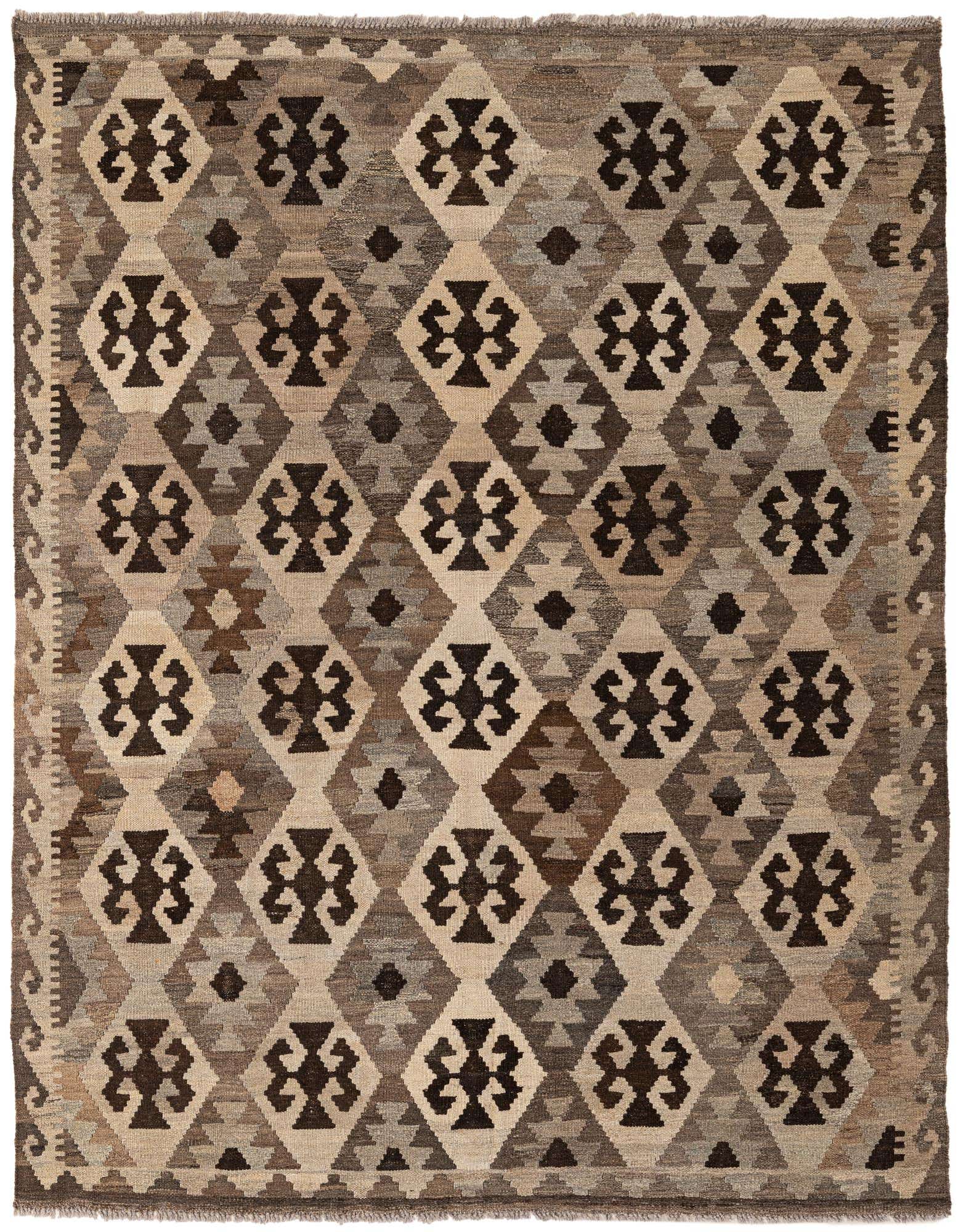 A 5x7 rectangular Kilim Maymana wool rug featuring a tribal geometric pattern in varying shades of brown and tan.