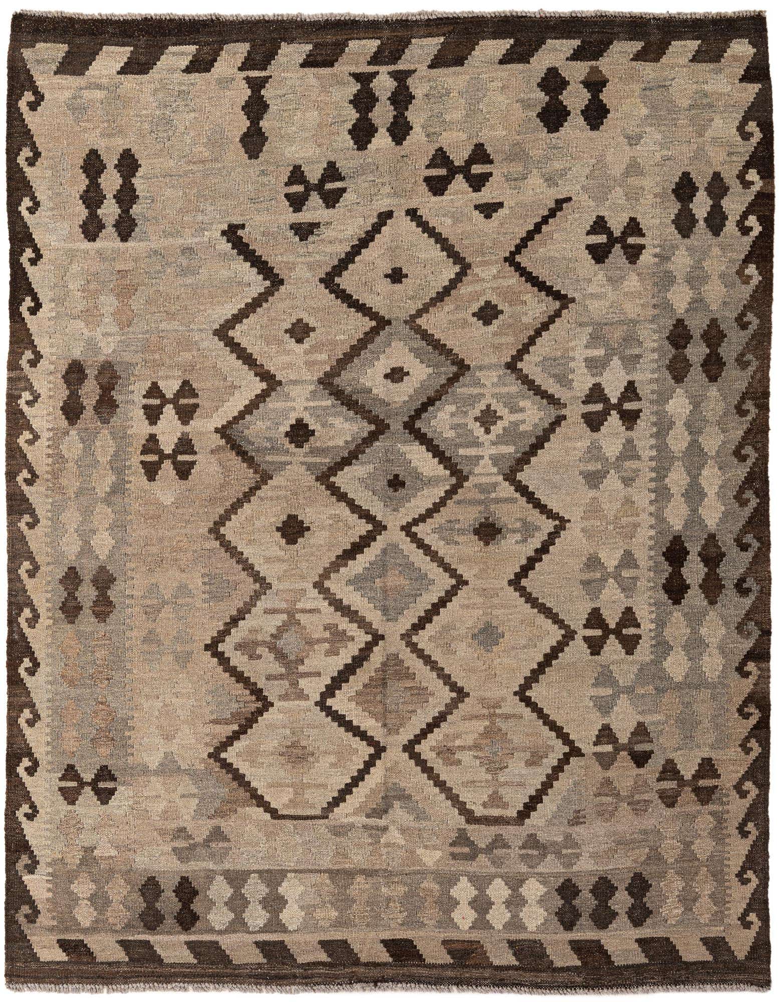 A 5x7 rectangular Kilim Maymana rug featuring a tribal geometric pattern in shades of brown and tan, perfect for an indoor living space.