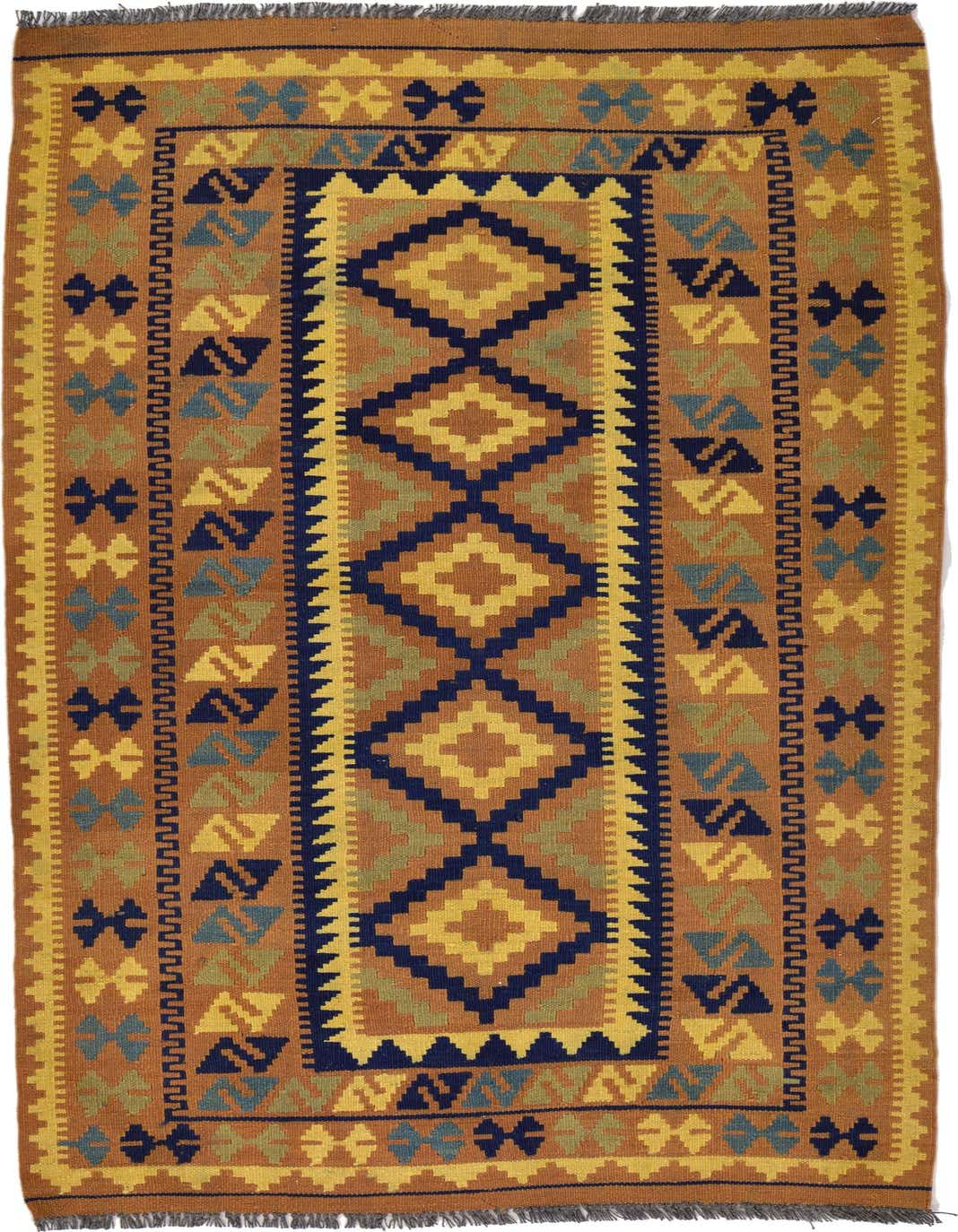 A rectangular 4x6 Kilim Maymana rug with a Southwestern tribal pattern in browns, tans, gold, and navy.