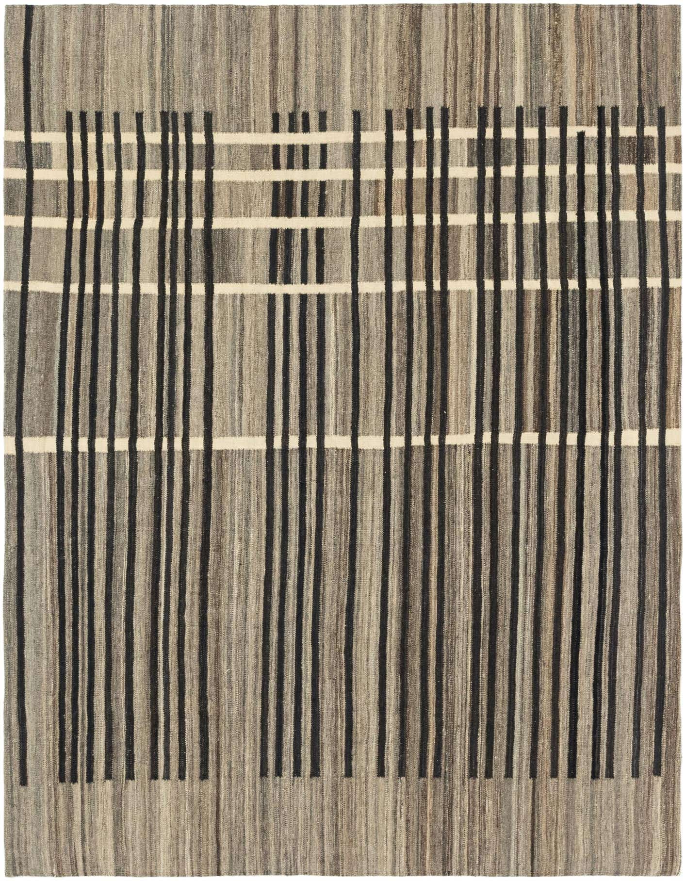 A 6x9 rectangular Kilim Modern rug with a flatweave, featuring vertical brown and tan stripes with intersecting black and cream lines.