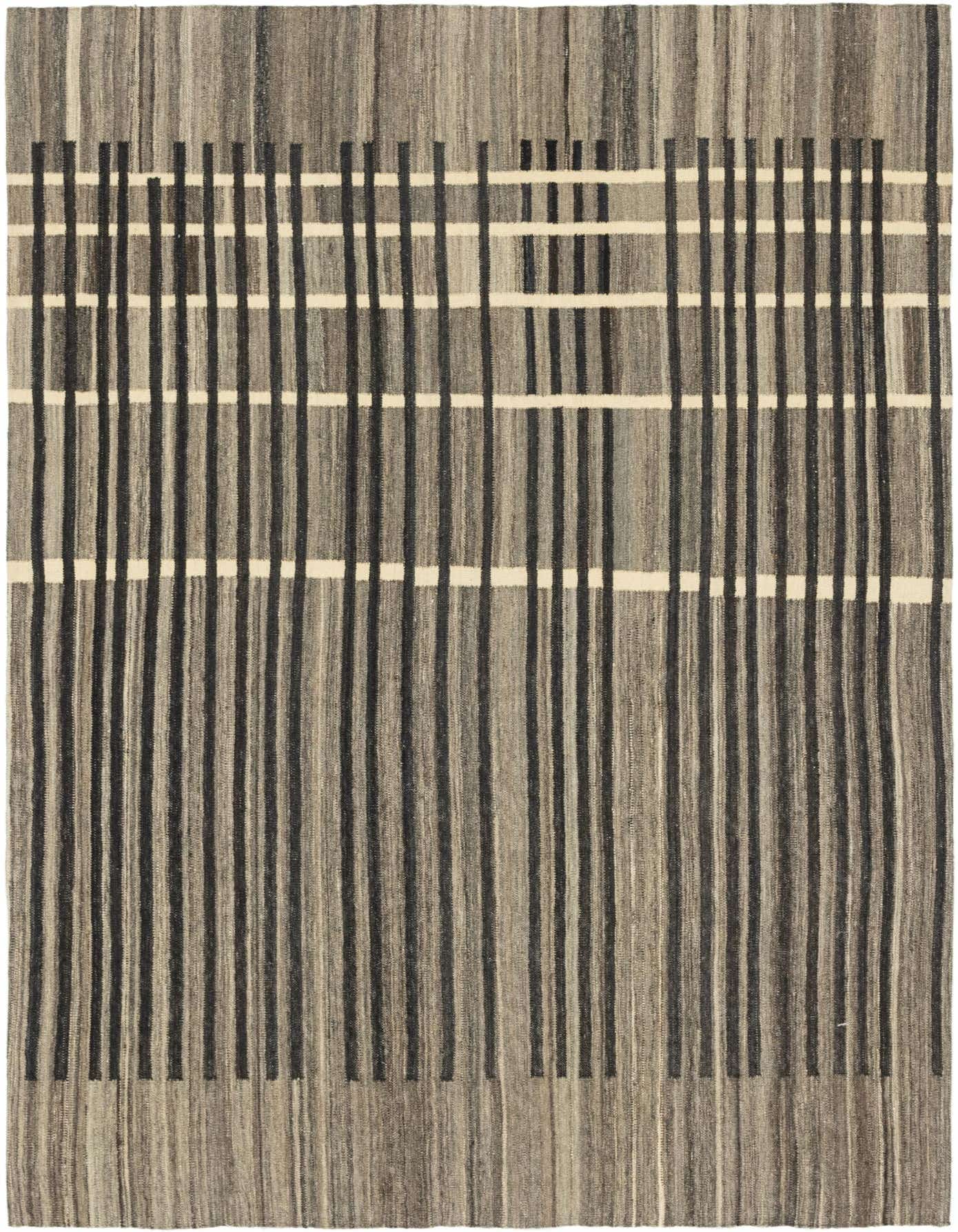 A 6x9 rectangular Kilim Modern rug with a tribal stripe pattern in varying shades of brown, tan, and black.