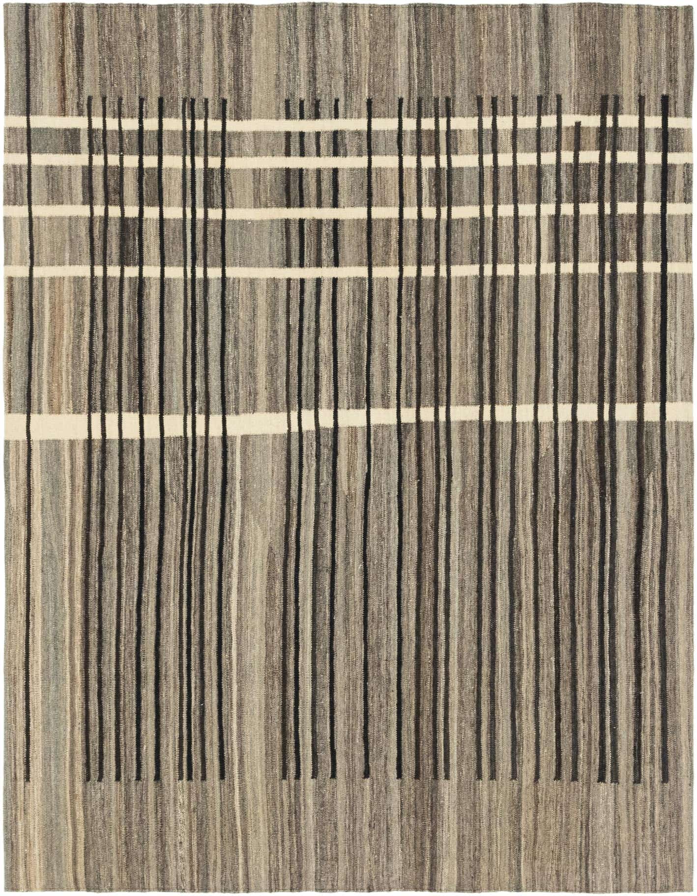 A 6x9 rectangular Kilim Modern wool rug featuring a tribal stripe pattern in shades of brown, tan, and black.