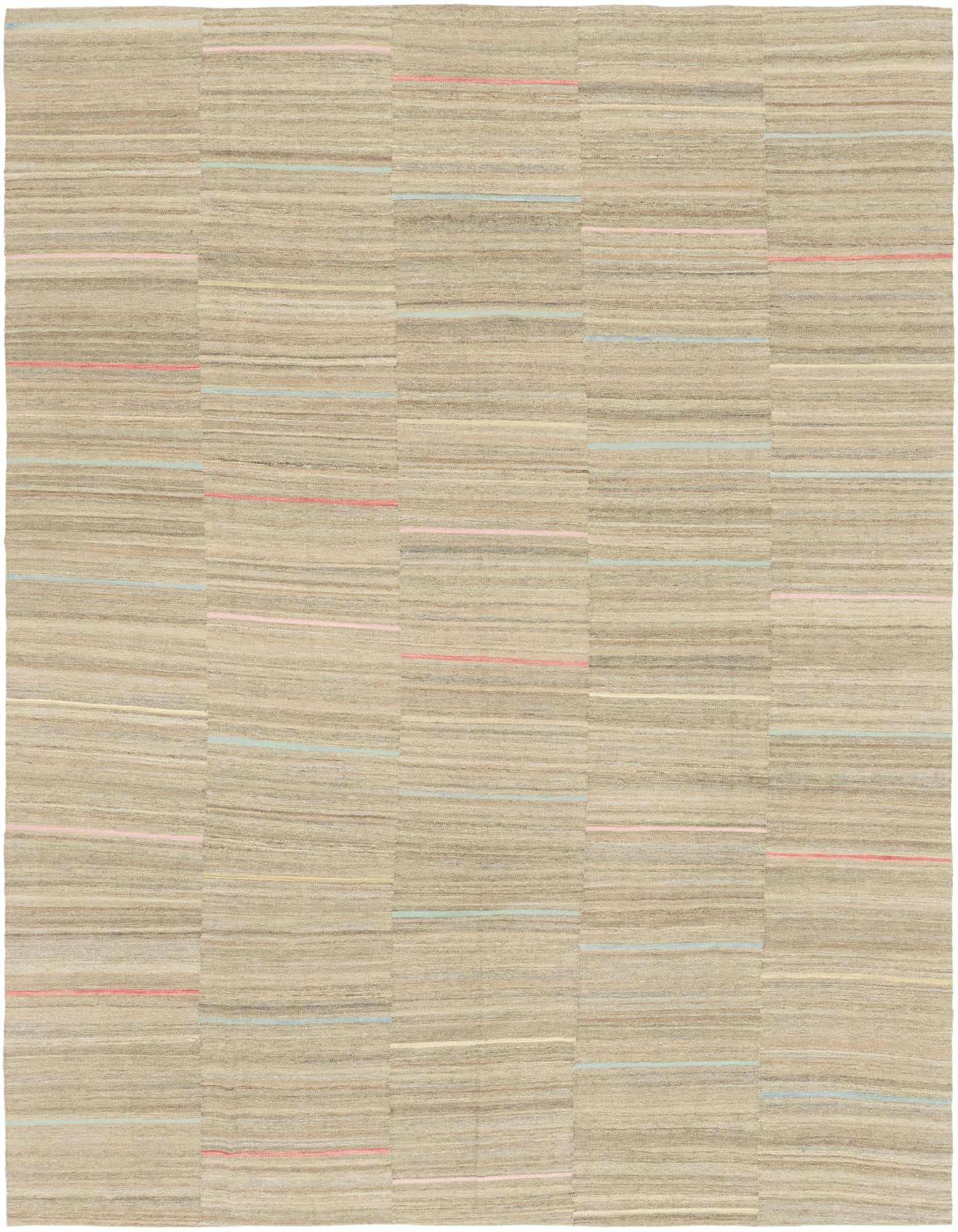 A 9x11 rectangular Kilim Modern rug in shades of brown and tan, featuring a flatweave striped pattern with subtle pink and blue accents.