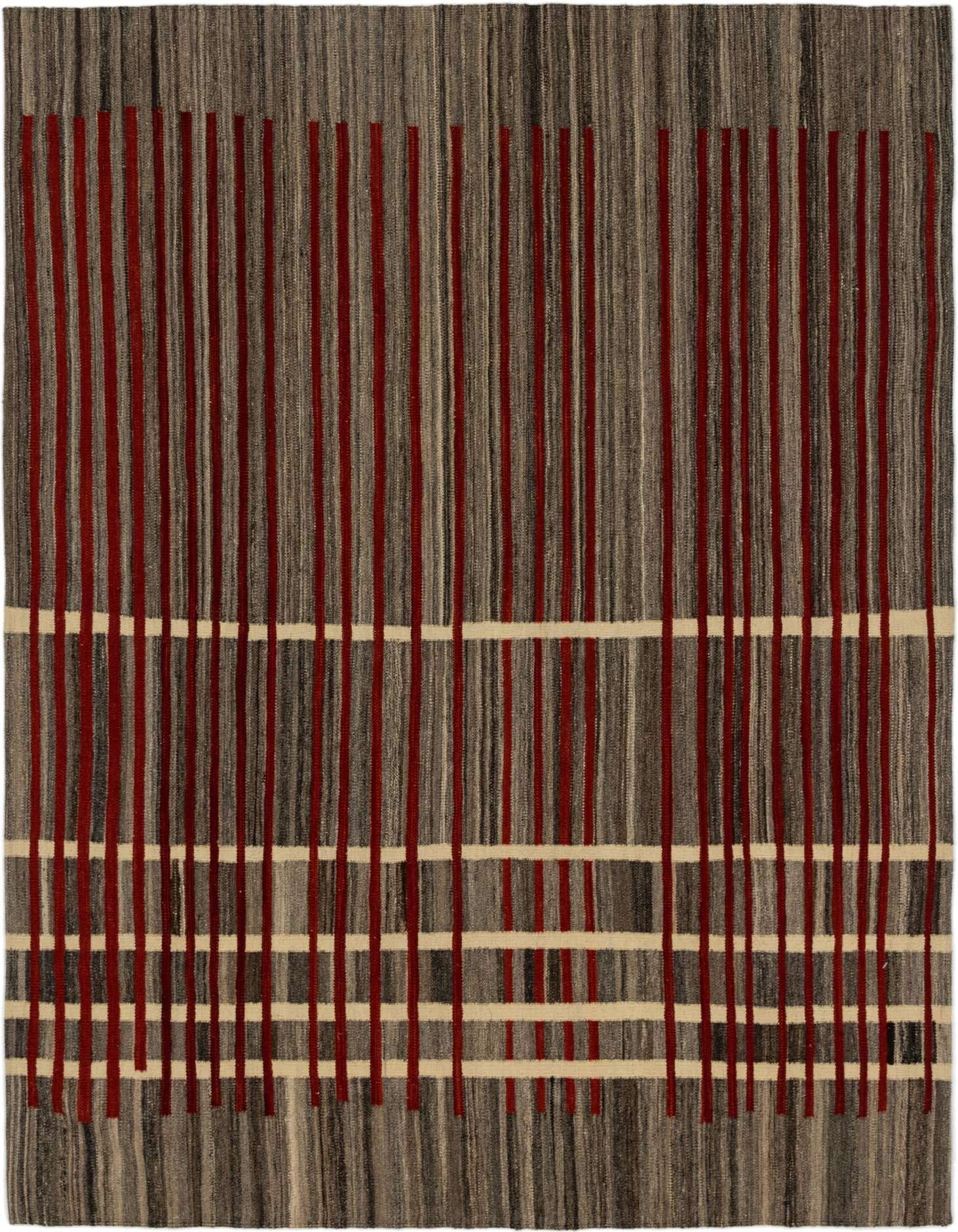 A 6x9 rectangular Kilim Modern rug with a flatweave, featuring vertical red stripes over a textured brown and tan background, intersected by horizontal tan lines.