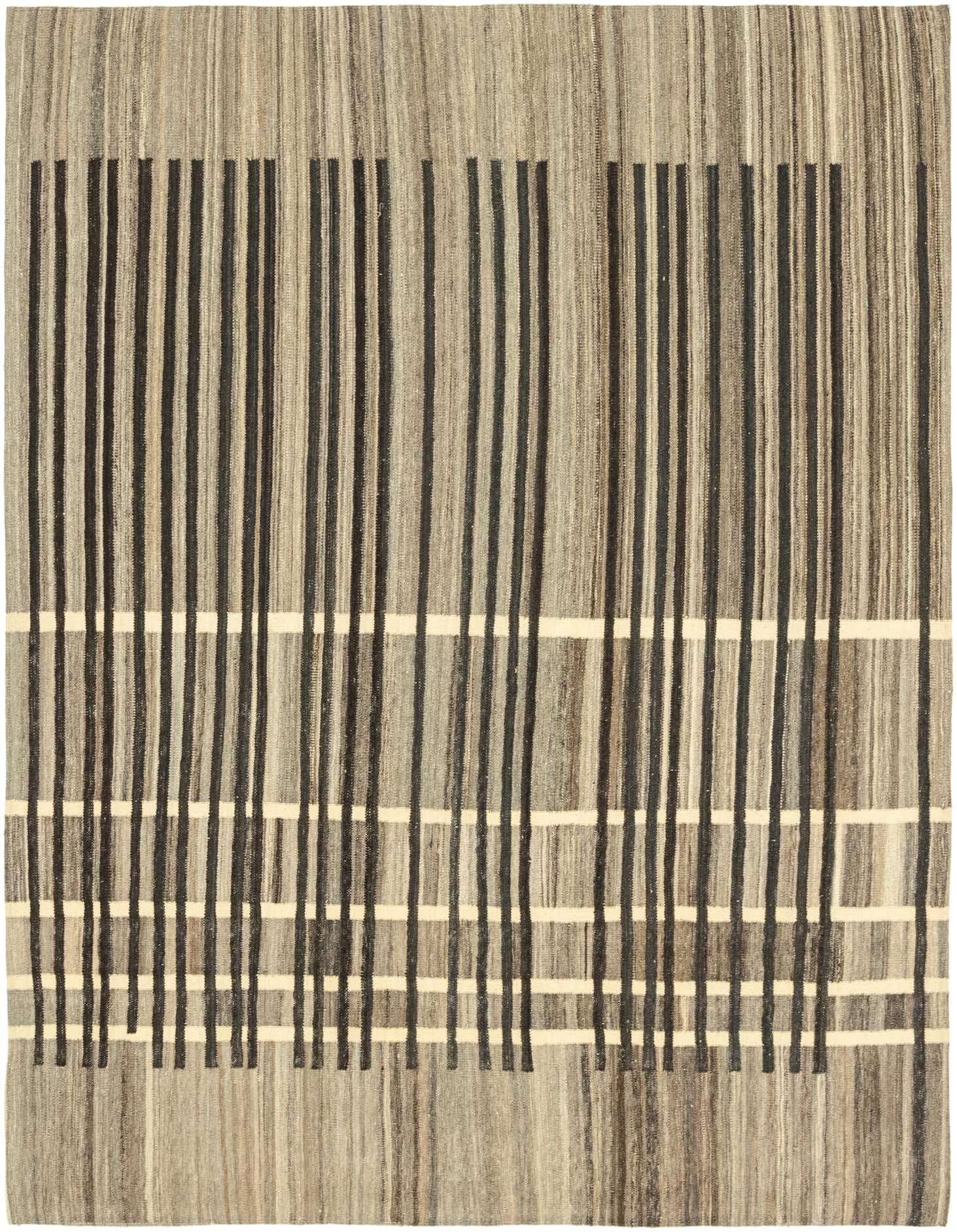 A 6x9 rectangular flatweave rug with a modern tribal stripe pattern in varying shades of brown, tan, and cream.