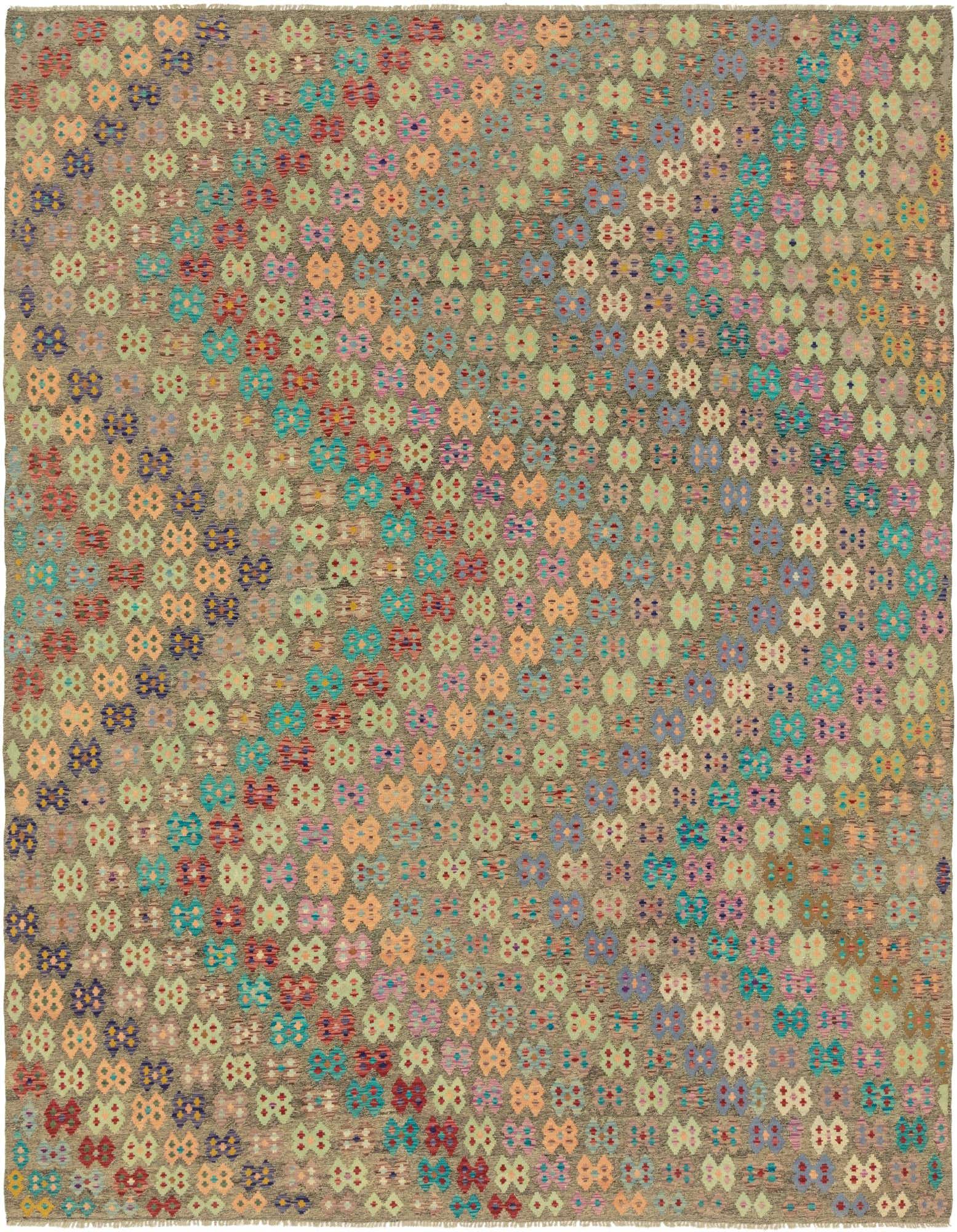 A 10x13 rectangular brown flatweave wool rug with a colorful modern tribal pattern of interlocking geometric shapes.