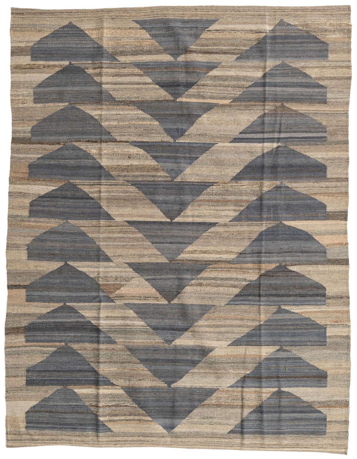 A 5x8 rectangular Kilim Modern rug with a tribal abstract pattern in shades of brown and tan.