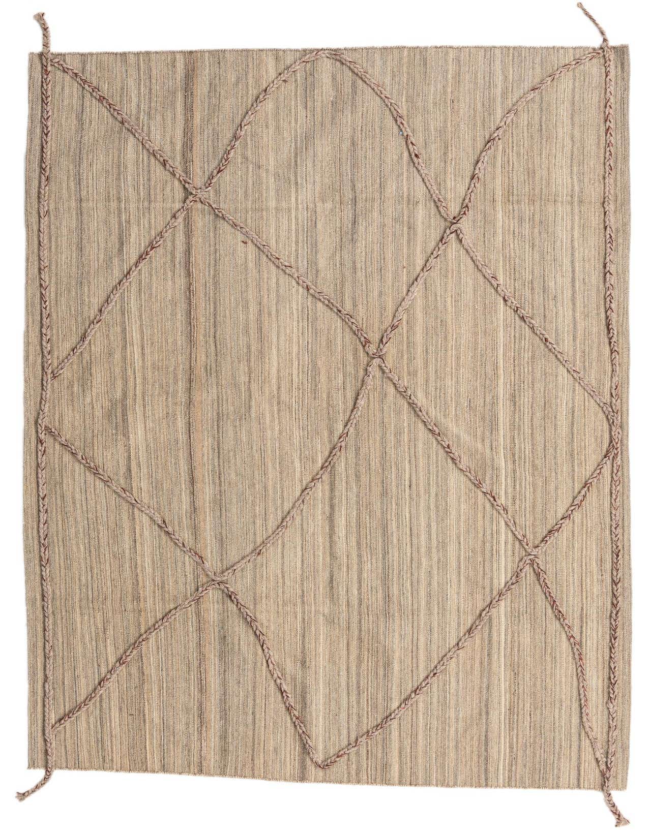 A 5x8 rectangular Kilim Modern rug in natural brown and tan tones with a distinctive braided tribal diamond pattern.