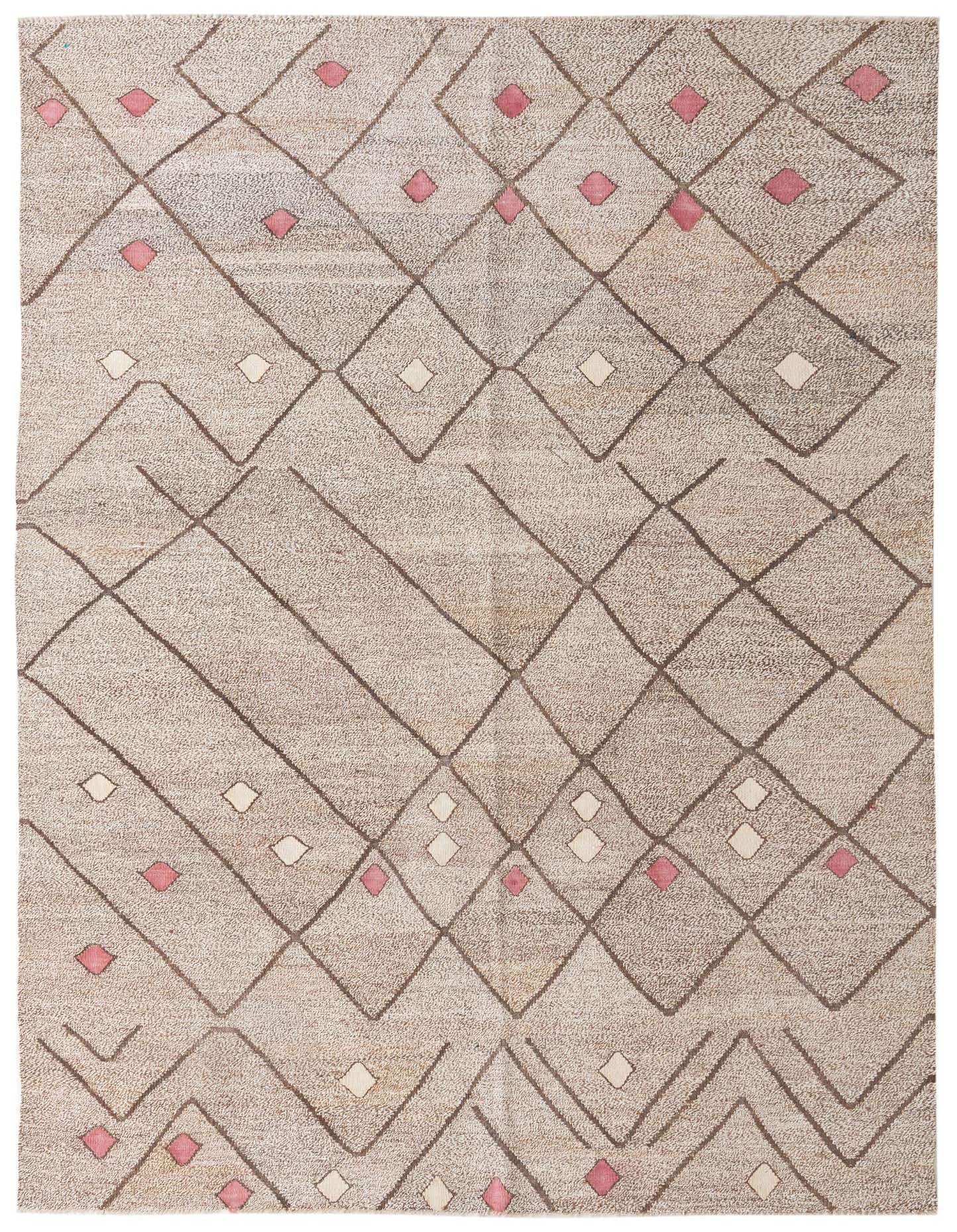A 7x10 rectangular flatweave rug featuring a tribal geometric pattern in browns, tans, and hints of pink.