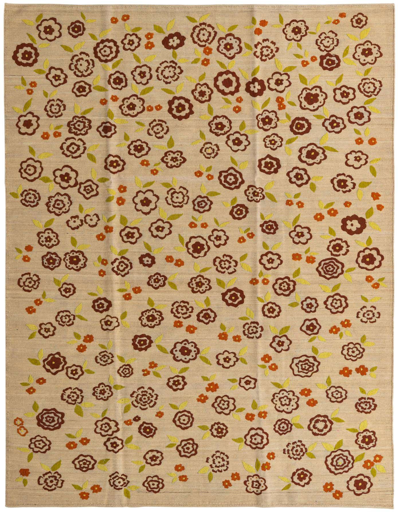 A 7x10 rectangular flatweave rug with a beige background and a scattered floral pattern in brown, orange, and lime green.