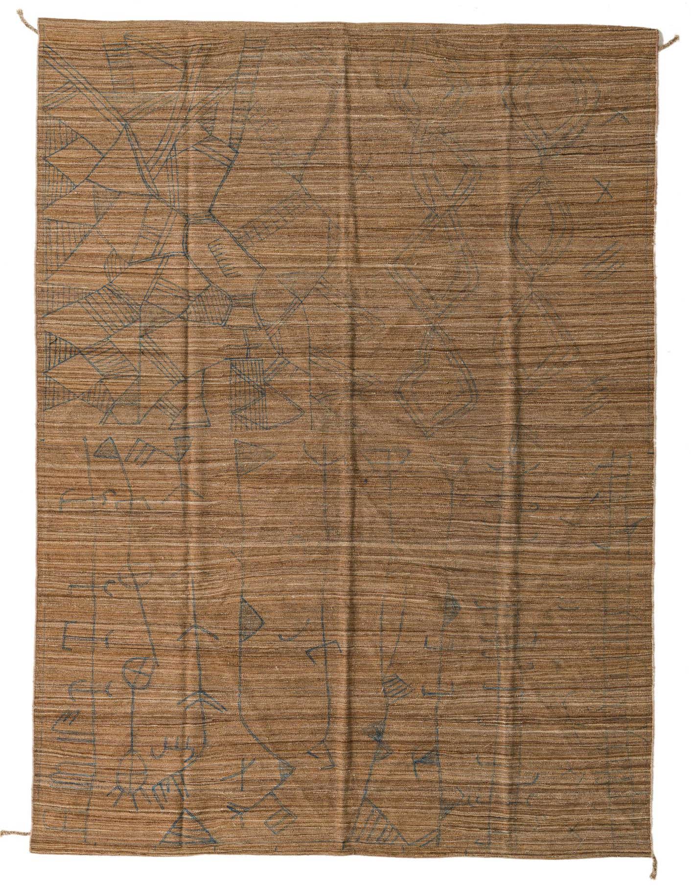 A 7x10 rectangular brown flatweave wool rug with an abstract tribal pattern in dark blue, suitable for a living room.