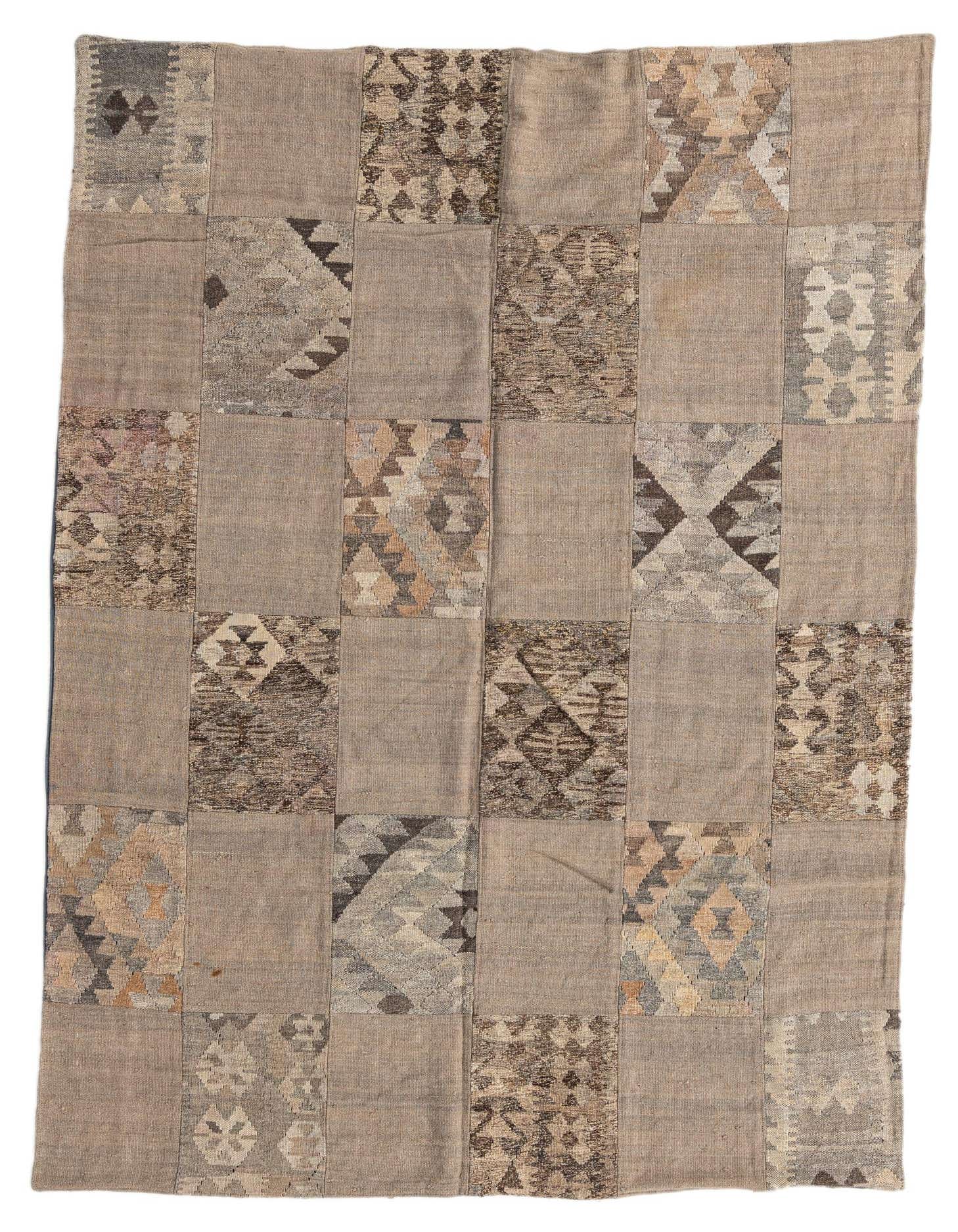A 5x8 rectangular Kilim Patchwork rug with a tribal pattern in various shades of brown and tan.