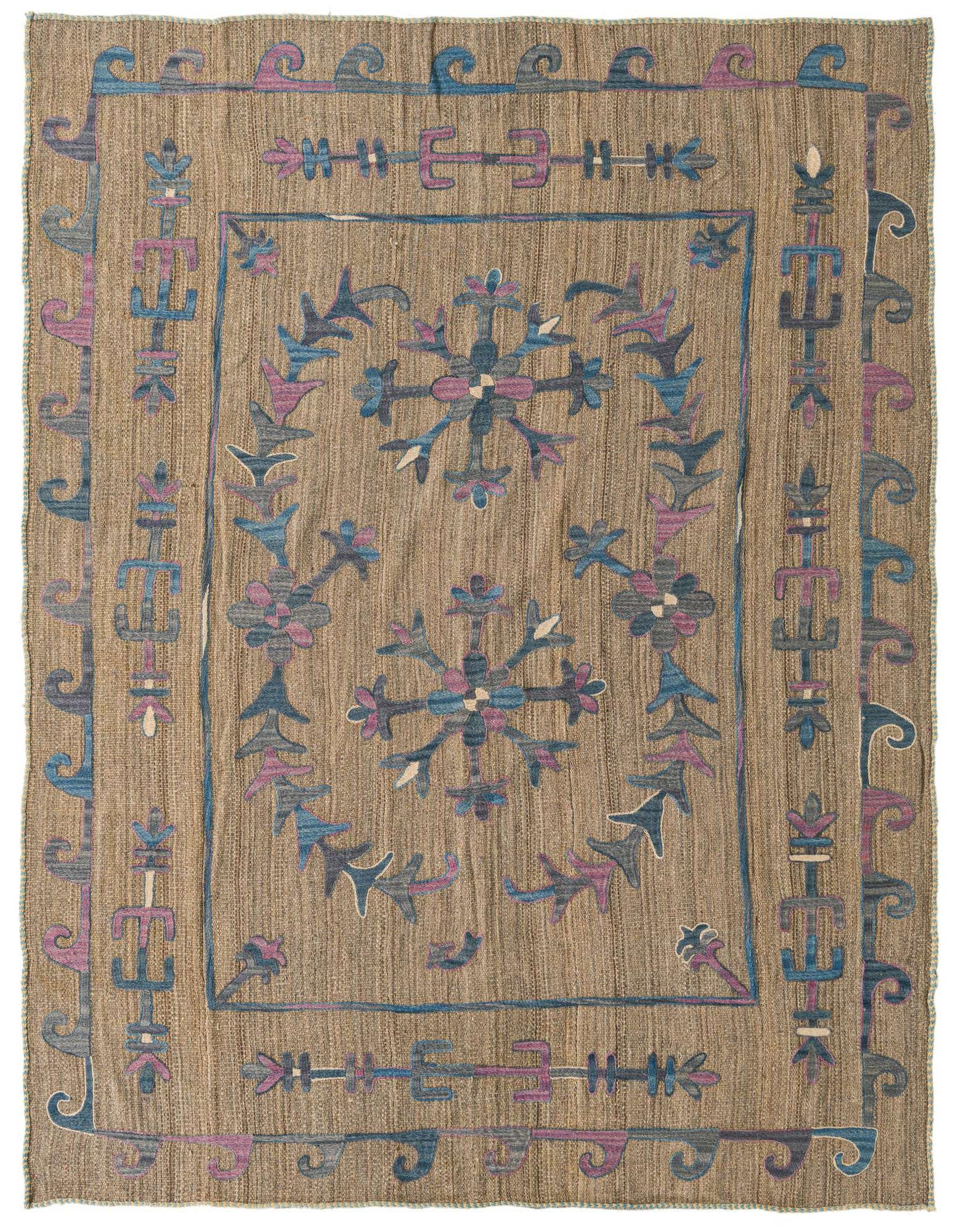 A 5x8 rectangular Kilim Suzani rug featuring a brown flatweave base with tribal, modern, and oriental patterns in blue, purple, and tan.