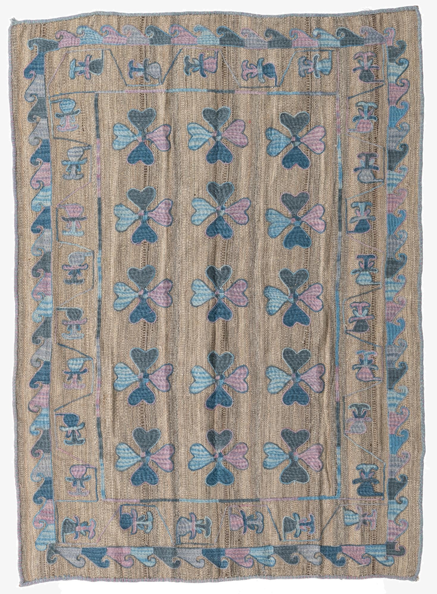  4' 10 x 6' 8  Hand Woven Kilim Suzani Wool Rug