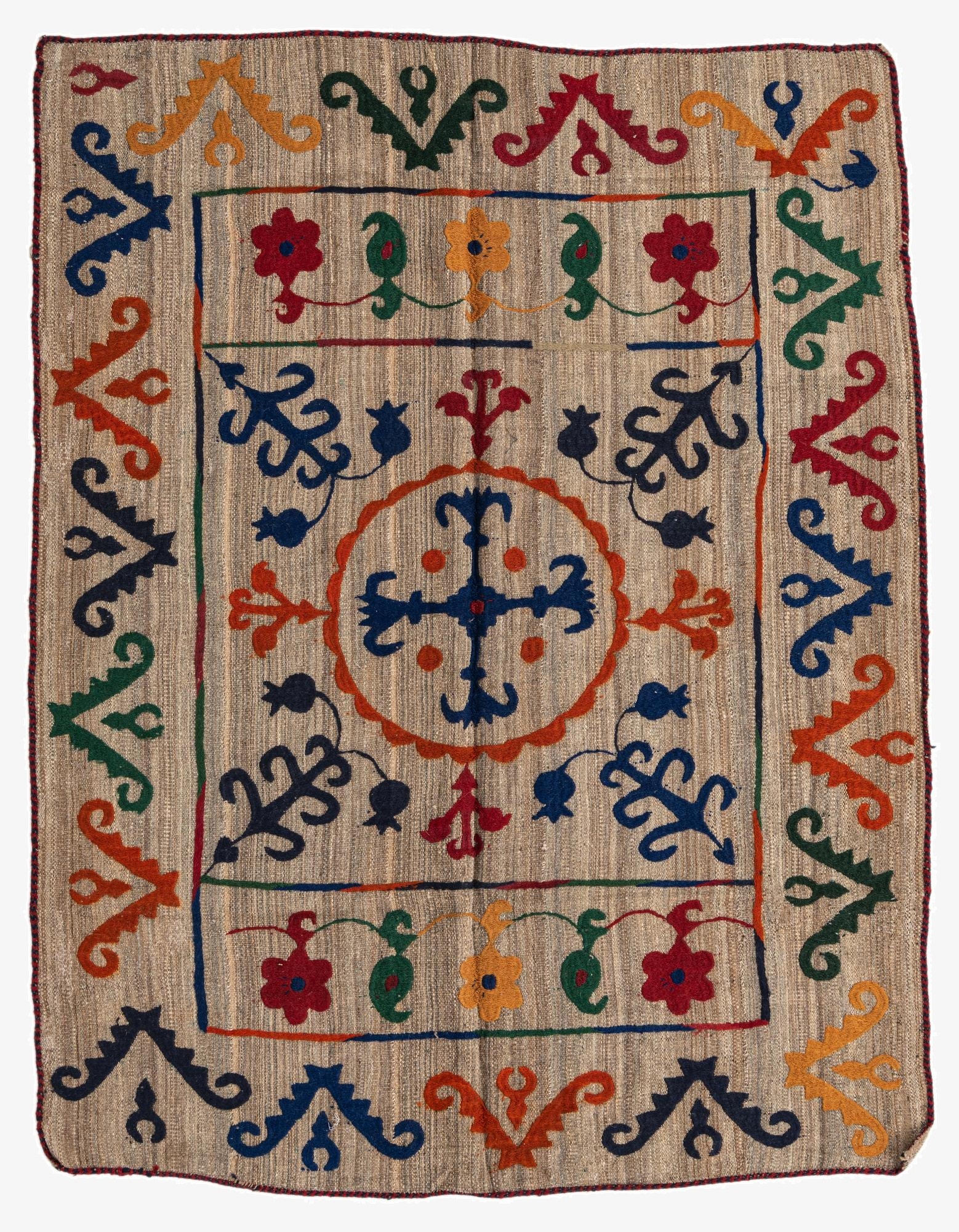  4' 11 x 6' 4  Hand Woven Kilim Suzani Wool Rug