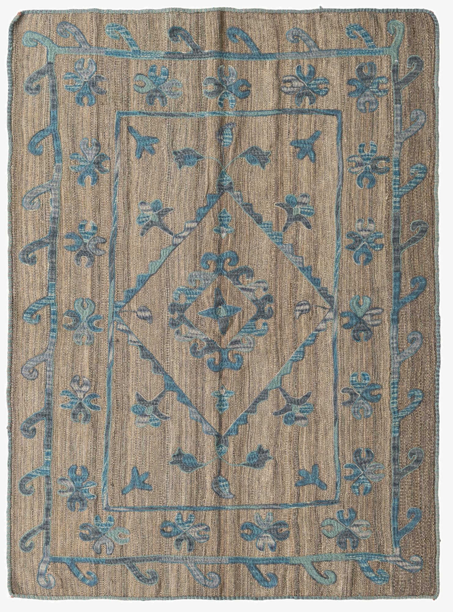  4' 9 x 6' 4  Hand Woven Kilim Suzani Wool Rug