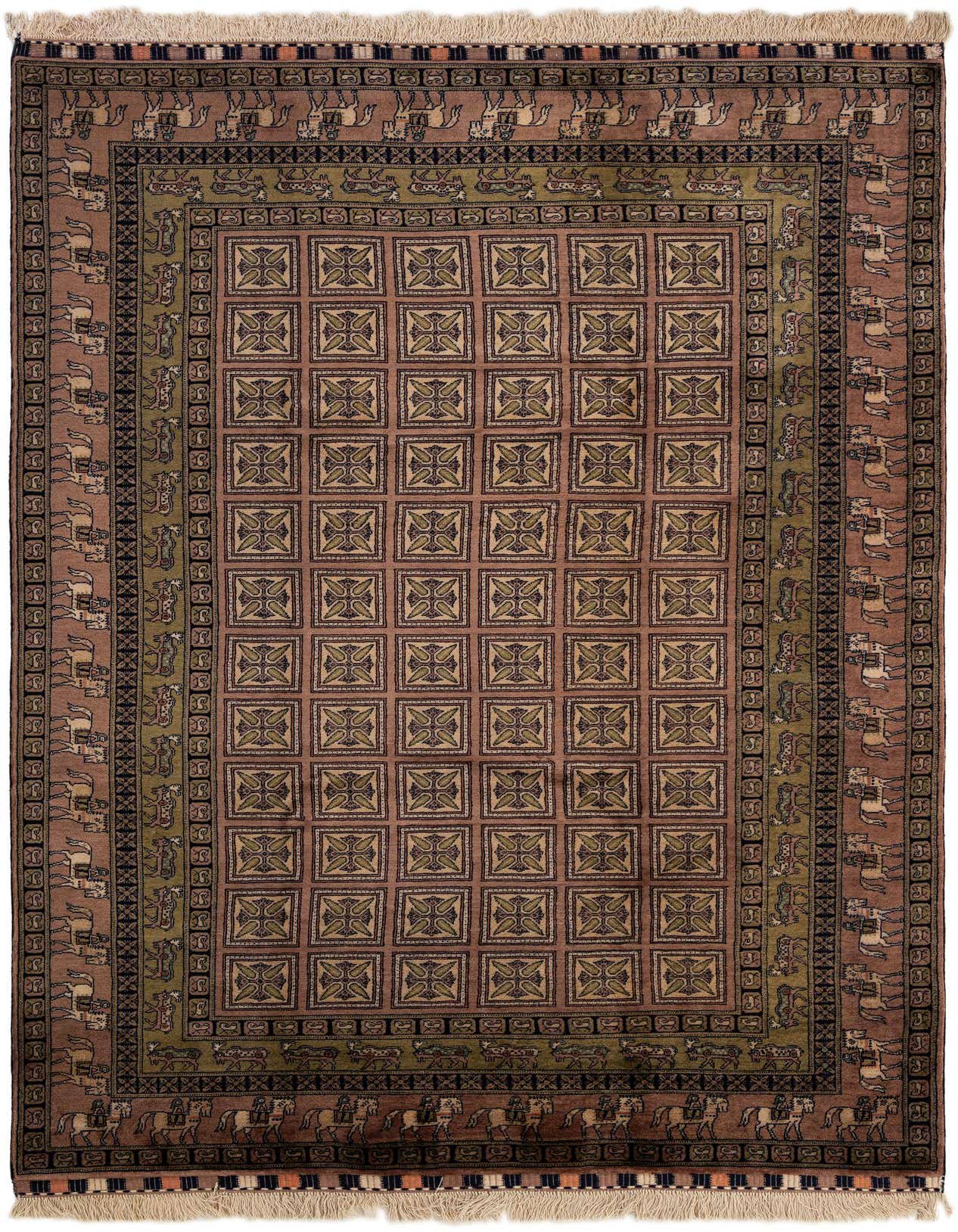 7x10 rectangular Lahour rug in browns and tans, featuring a traditional Oriental pattern with a central grid of squares and animal motifs along the border.