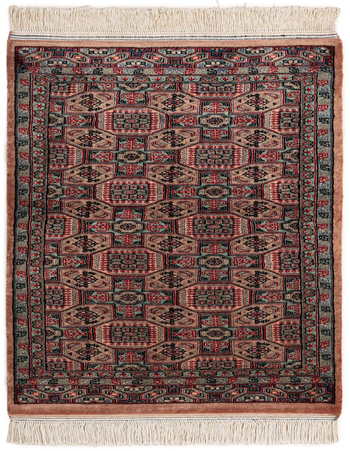 A 3x4 rectangular Lahour rug by Rugs.com featuring a traditional Oriental pattern in browns, tans, red, and teal, with fringe.