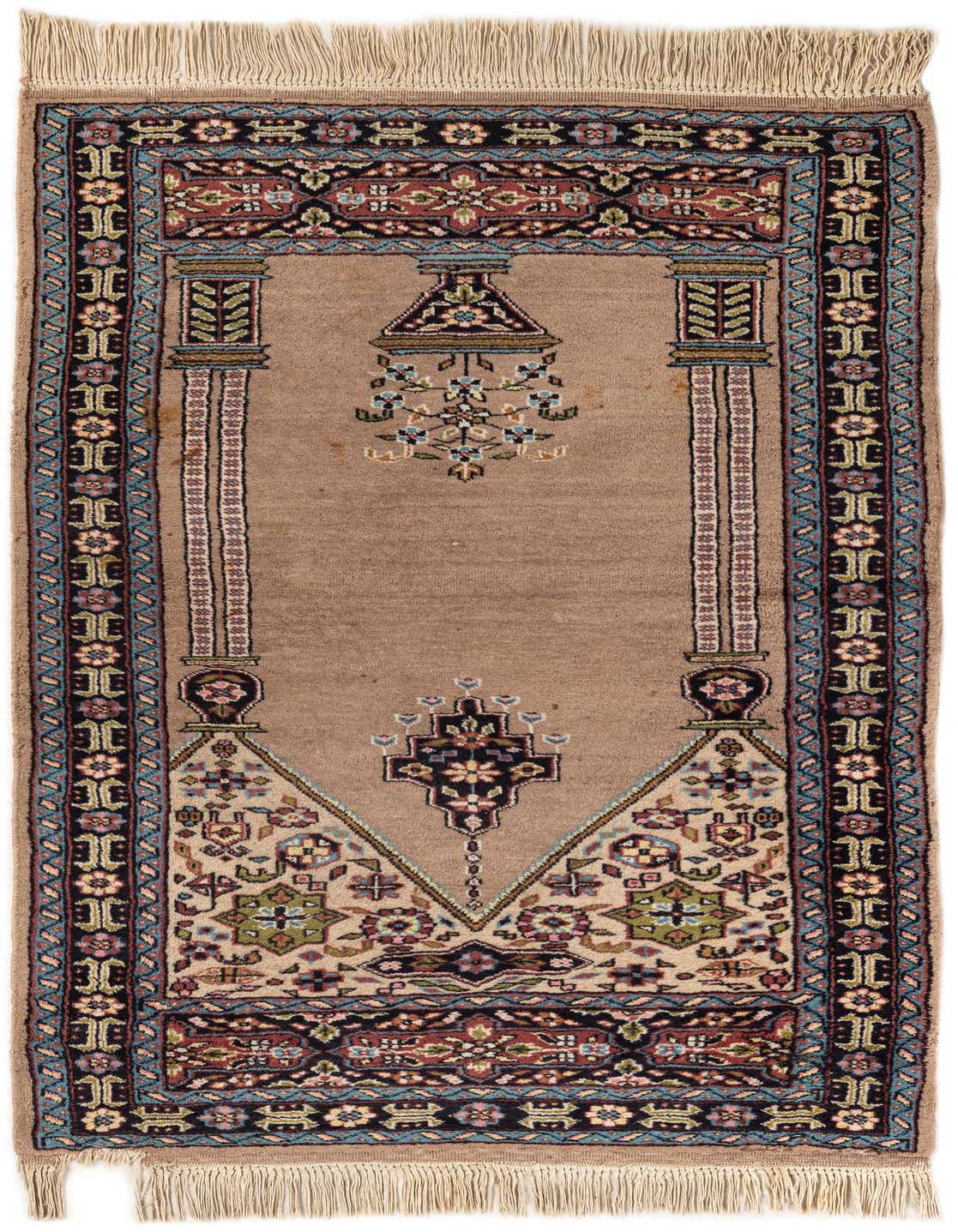 A 3x4 rectangular Lahour rug in shades of brown and tan, featuring a traditional Oriental prayer rug design with intricate floral and geometric patterns, and fringed ends.