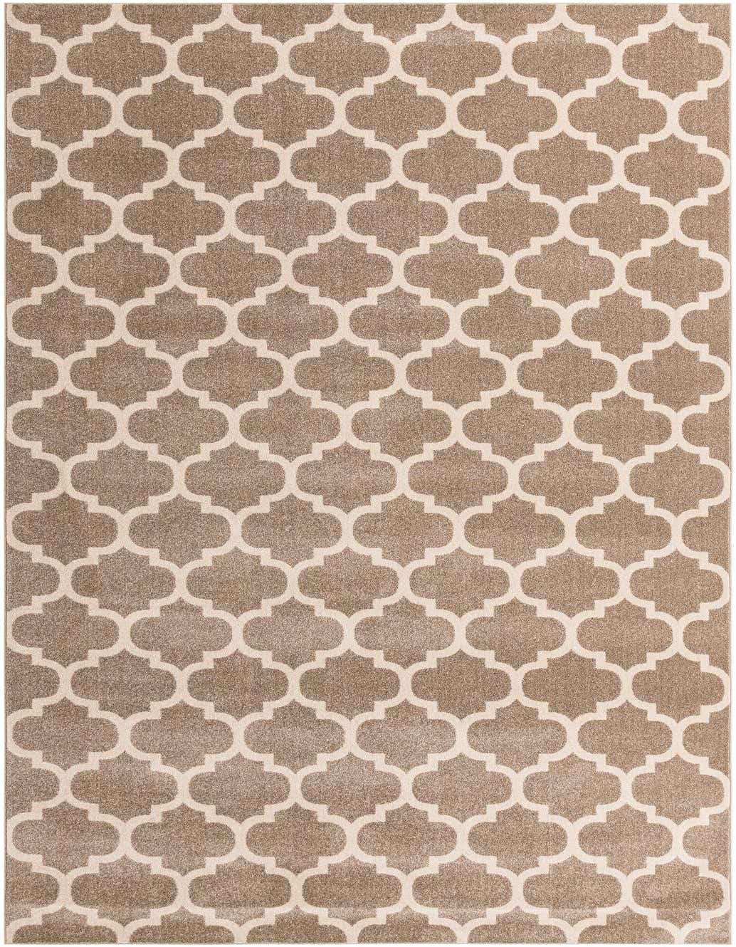 A 10x16 rectangular indoor rug with a modern lattice pattern in varying shades of brown and tan.