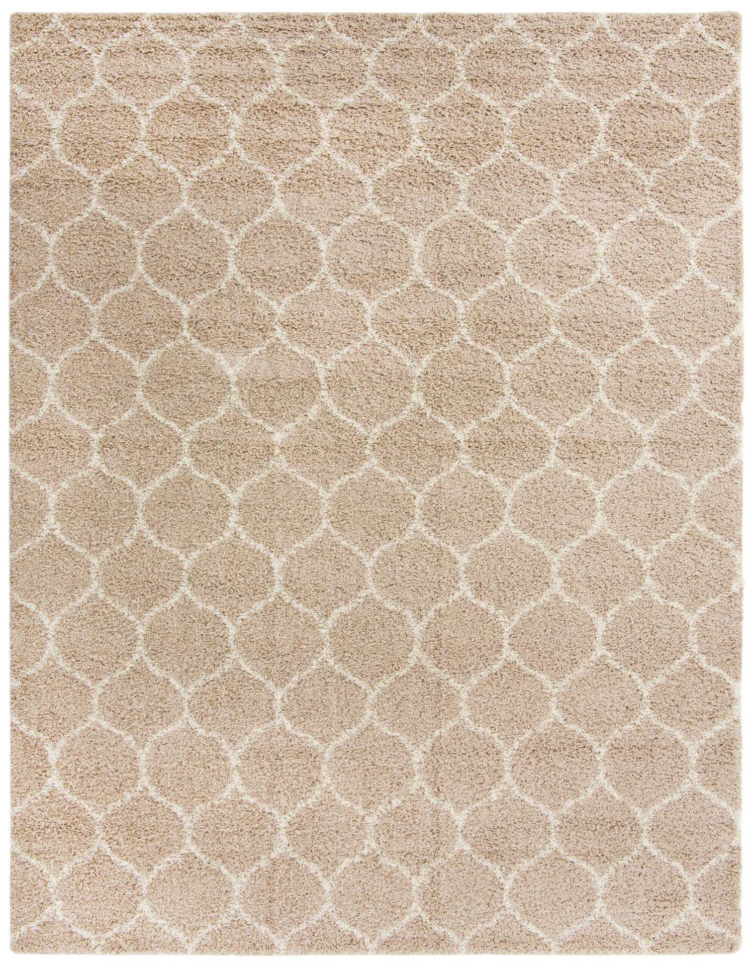 A 10x14 rectangular Lattice Shag rug in shades of brown and tan, featuring a modern trellis pattern with a high/low textured pile.