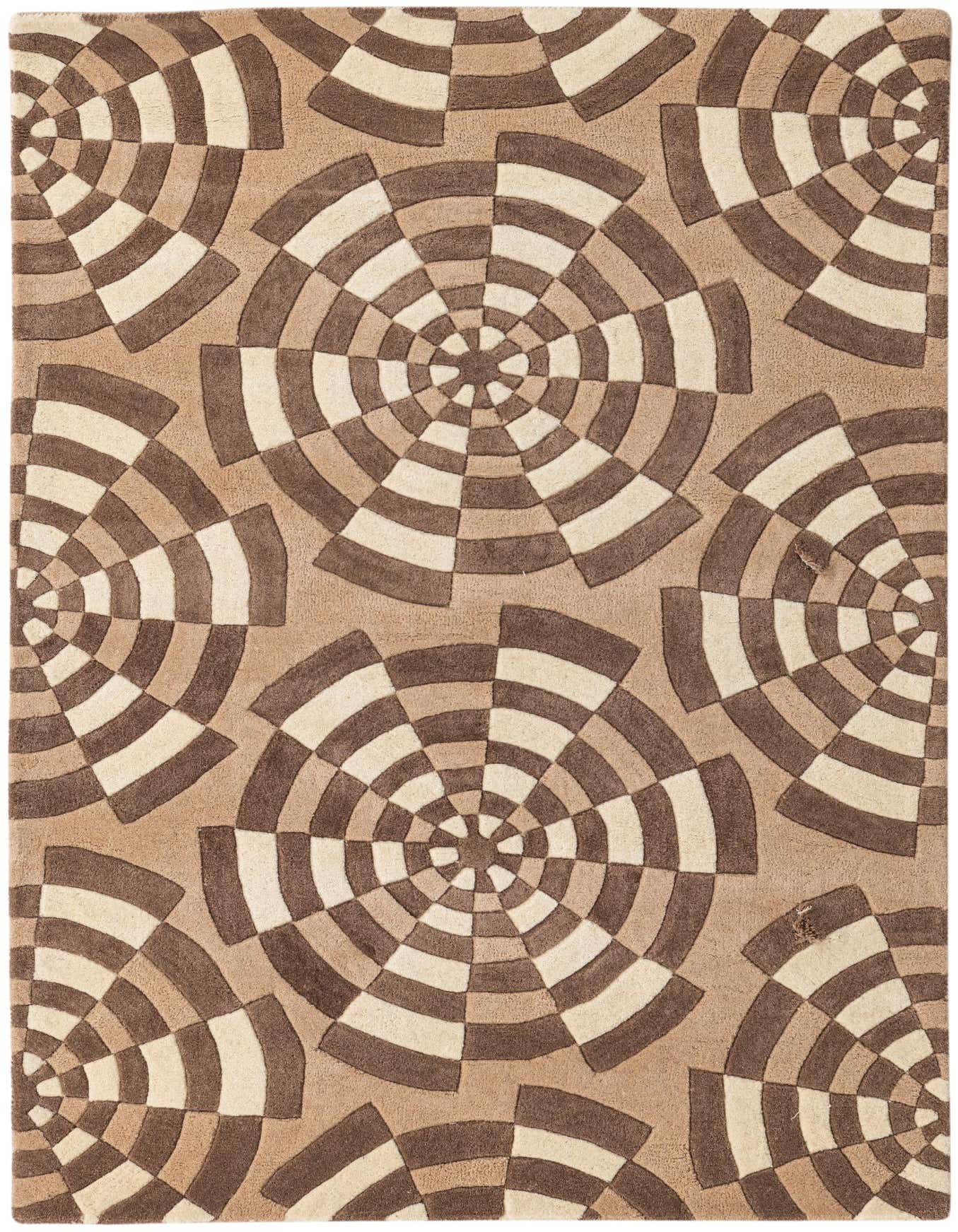 A 4x6 rectangular Luna Collection wool rug featuring a modern pattern of concentric circles in varying shades of brown and tan.