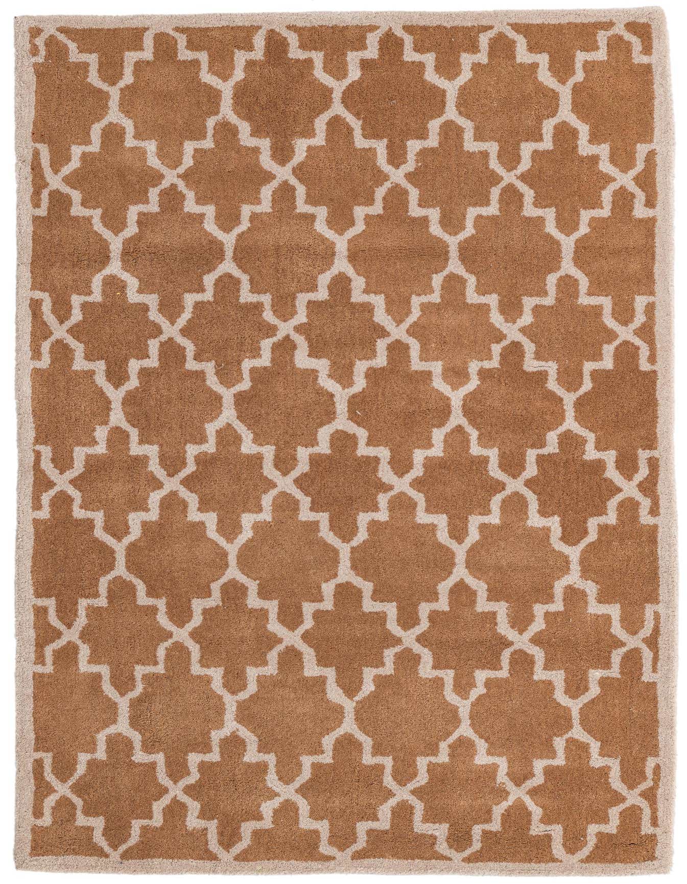 A 4x6 rectangular brown and tan wool rug featuring a repeating modern abstract quatrefoil pattern with a high pile.