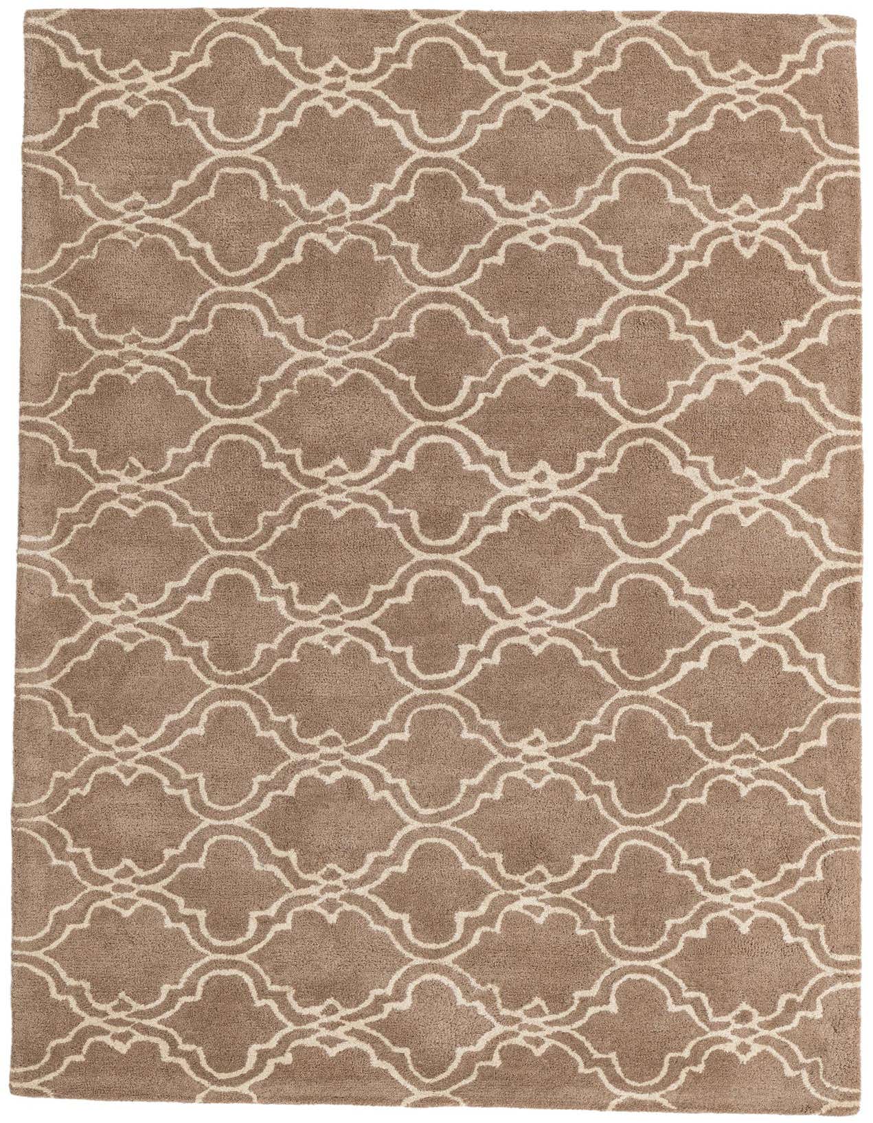 A rectangular 5x8 brown and tan modern area rug with a high pile and abstract quatrefoil pattern.