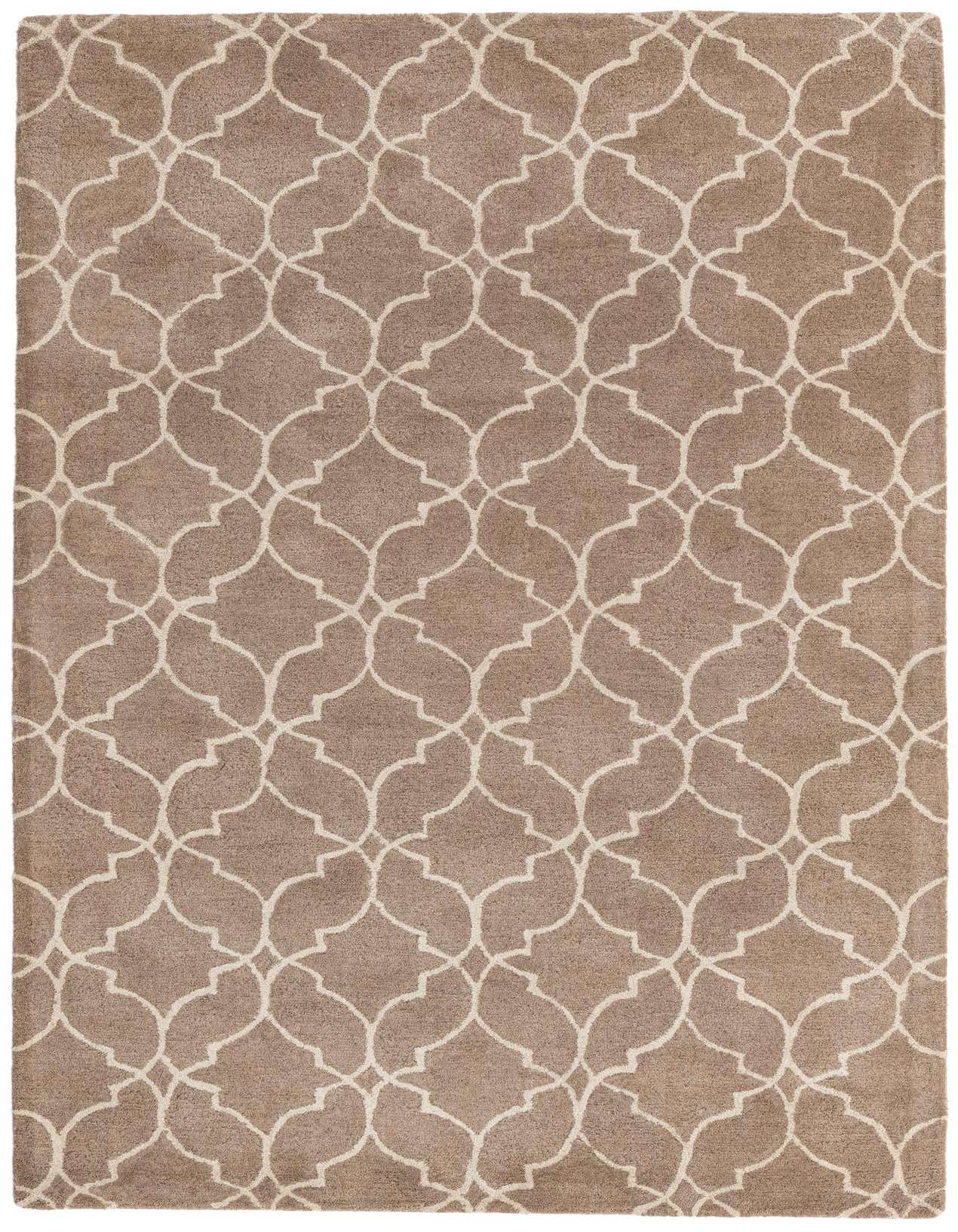 A 5x8 rectangular Luna collection rug in brown and tan, featuring a modern abstract geometric pattern, perfect for a living room.