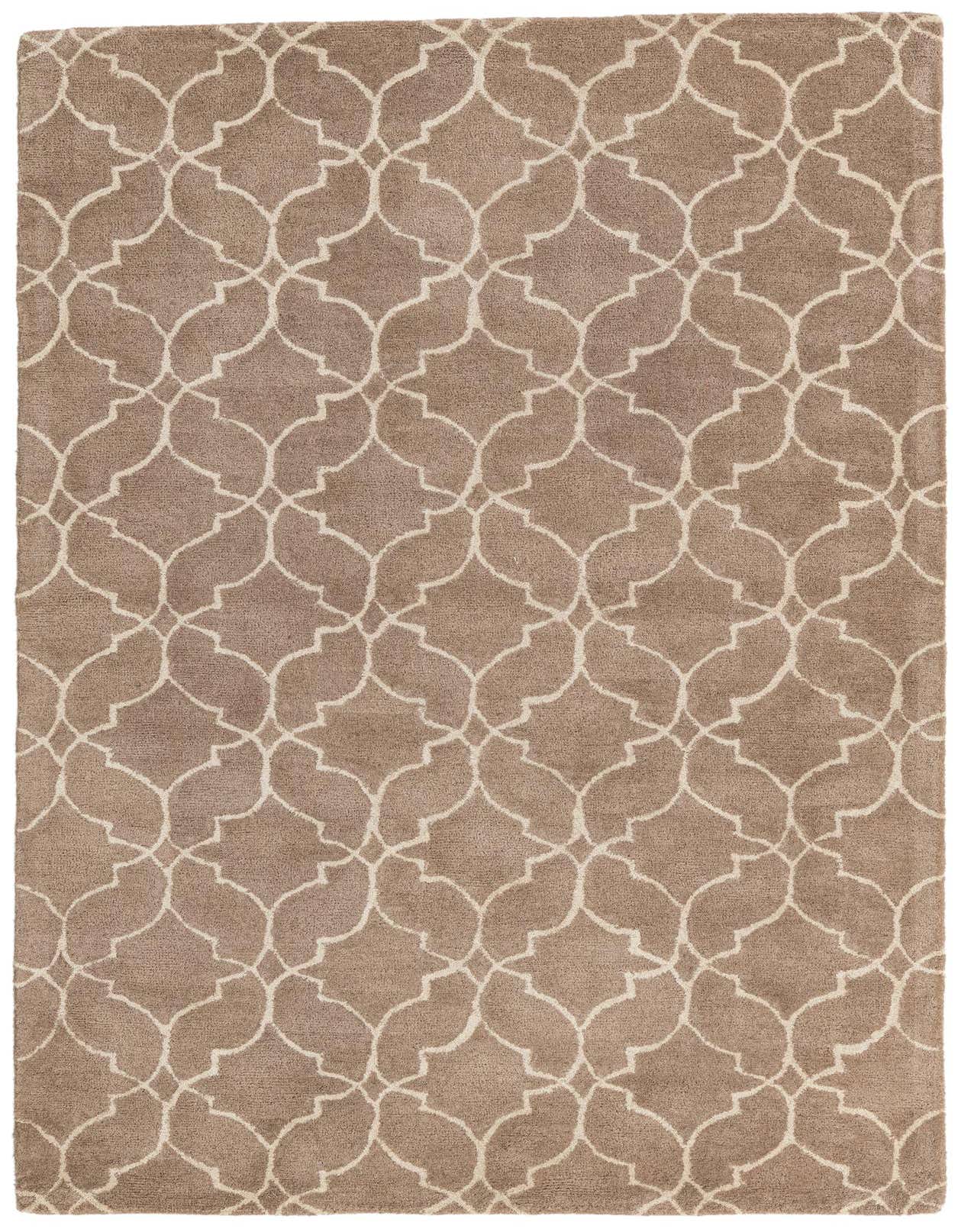 A 5x8 rectangular brown and tan wool rug with a high pile and modern abstract pattern, suitable for a living room or bedroom.