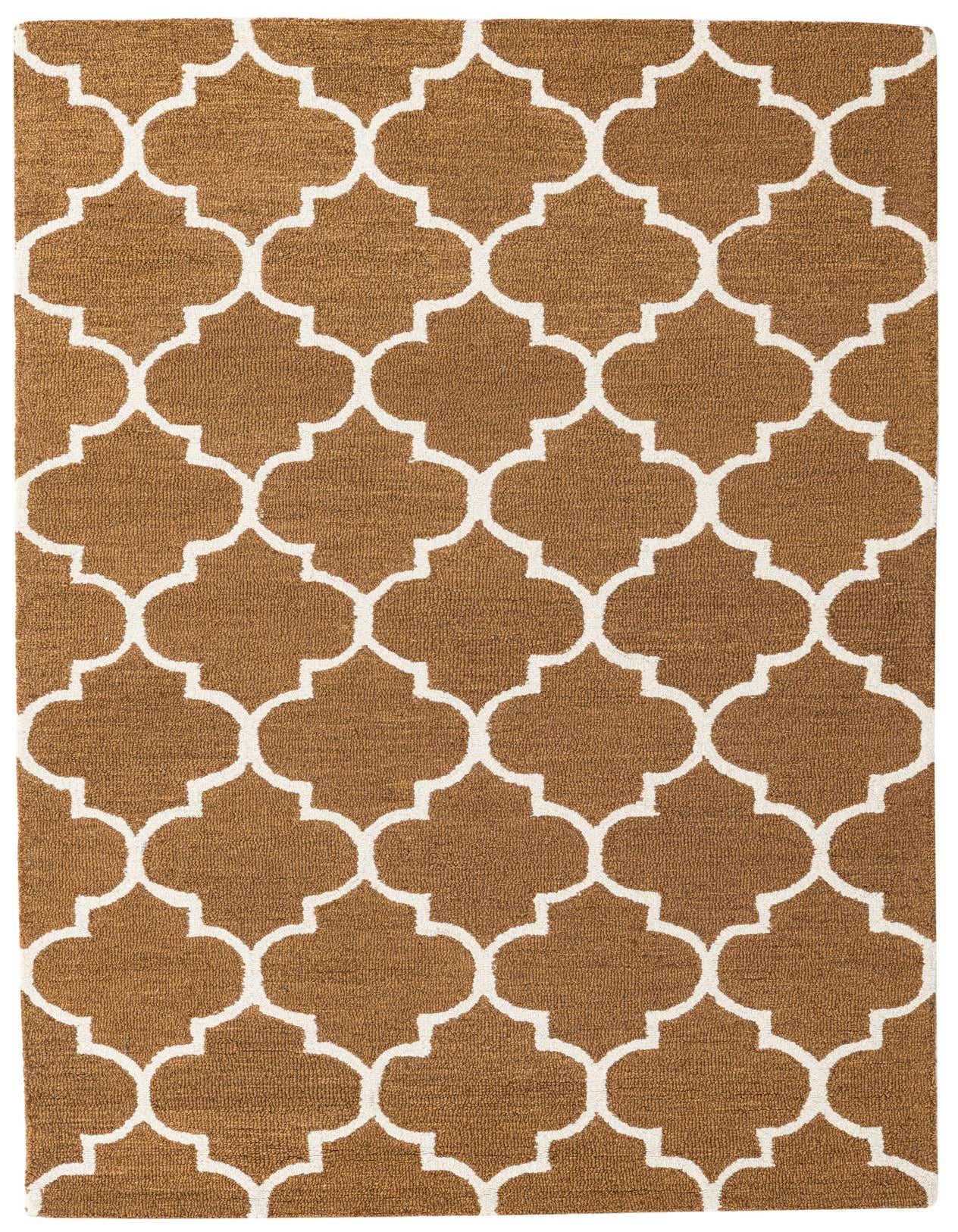 A 5x8 rectangular Luna rug in brown with a white modern abstract quatrefoil pattern, featuring a high pile.