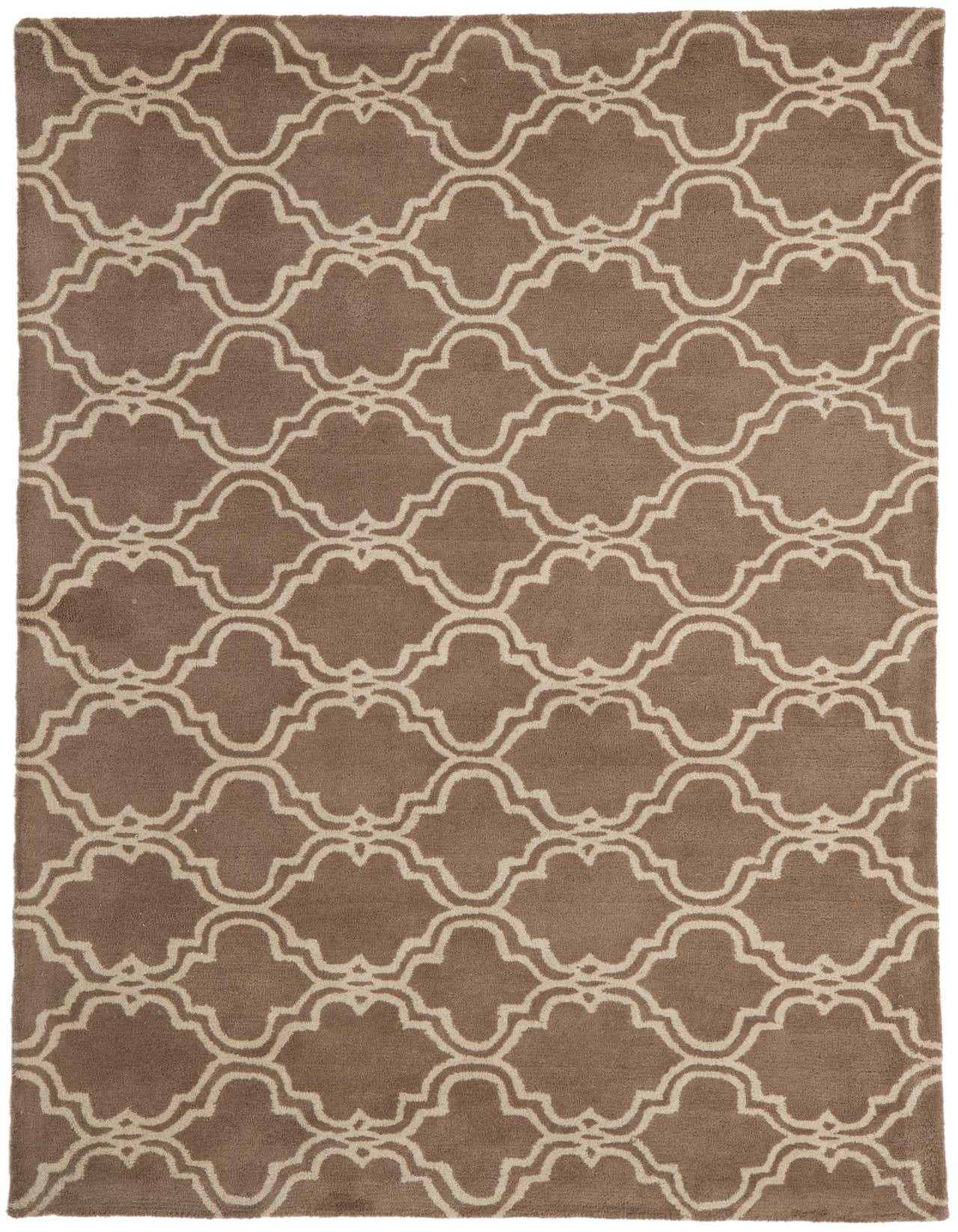 A 5x8 rectangular Luna rug in brown with a high pile, featuring a repeating modern tan abstract pattern.