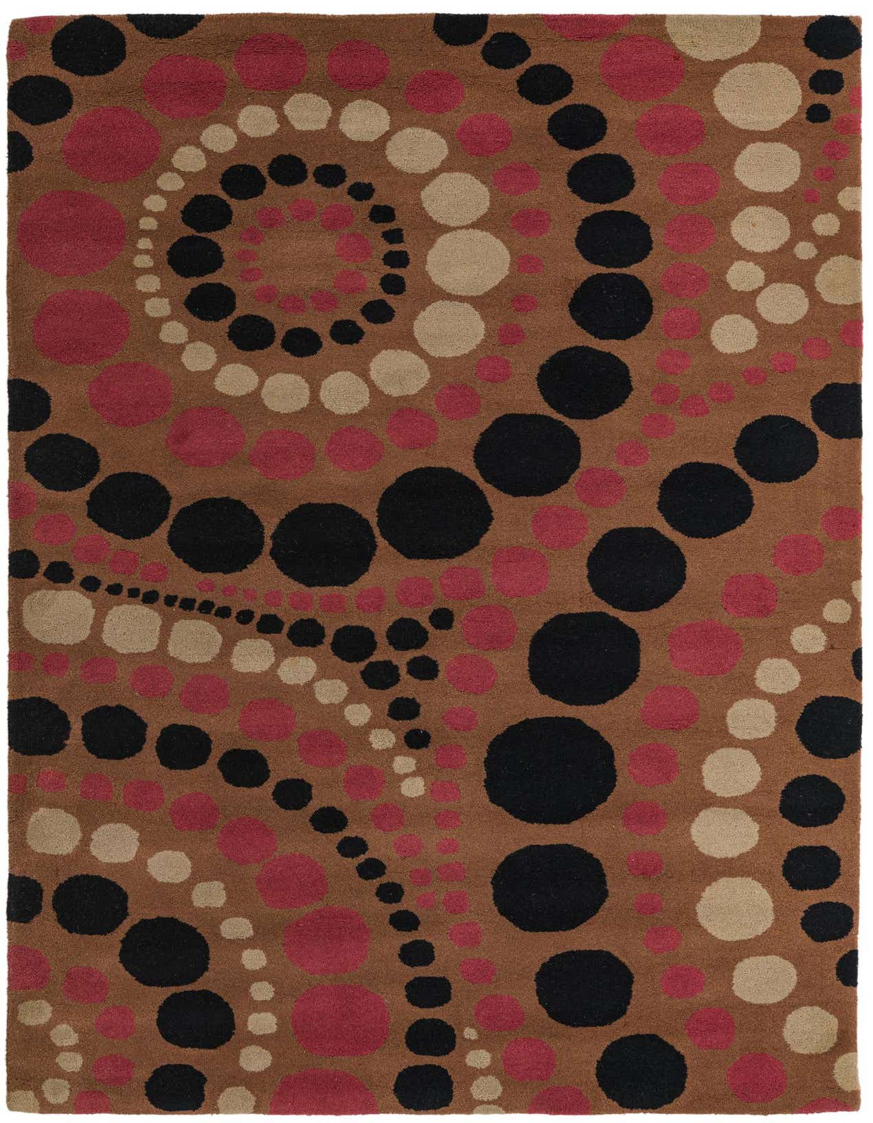 A 5x8 rectangular Luna rug with a modern abstract pattern of brown, tan, black, and red circles on a brown background.