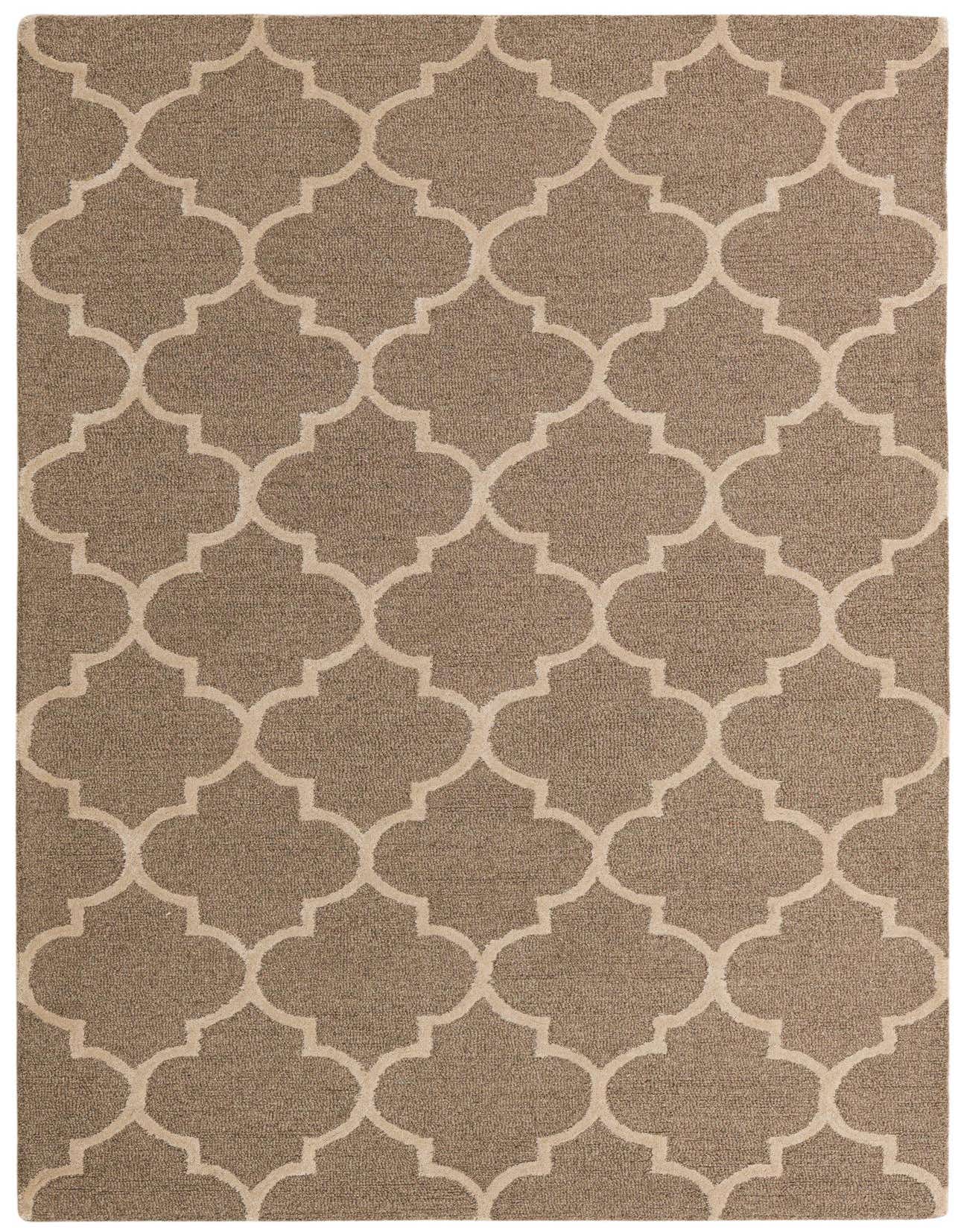 A 5x8 rectangular brown and tan Luna Collection rug with a modern abstract trellis pattern.