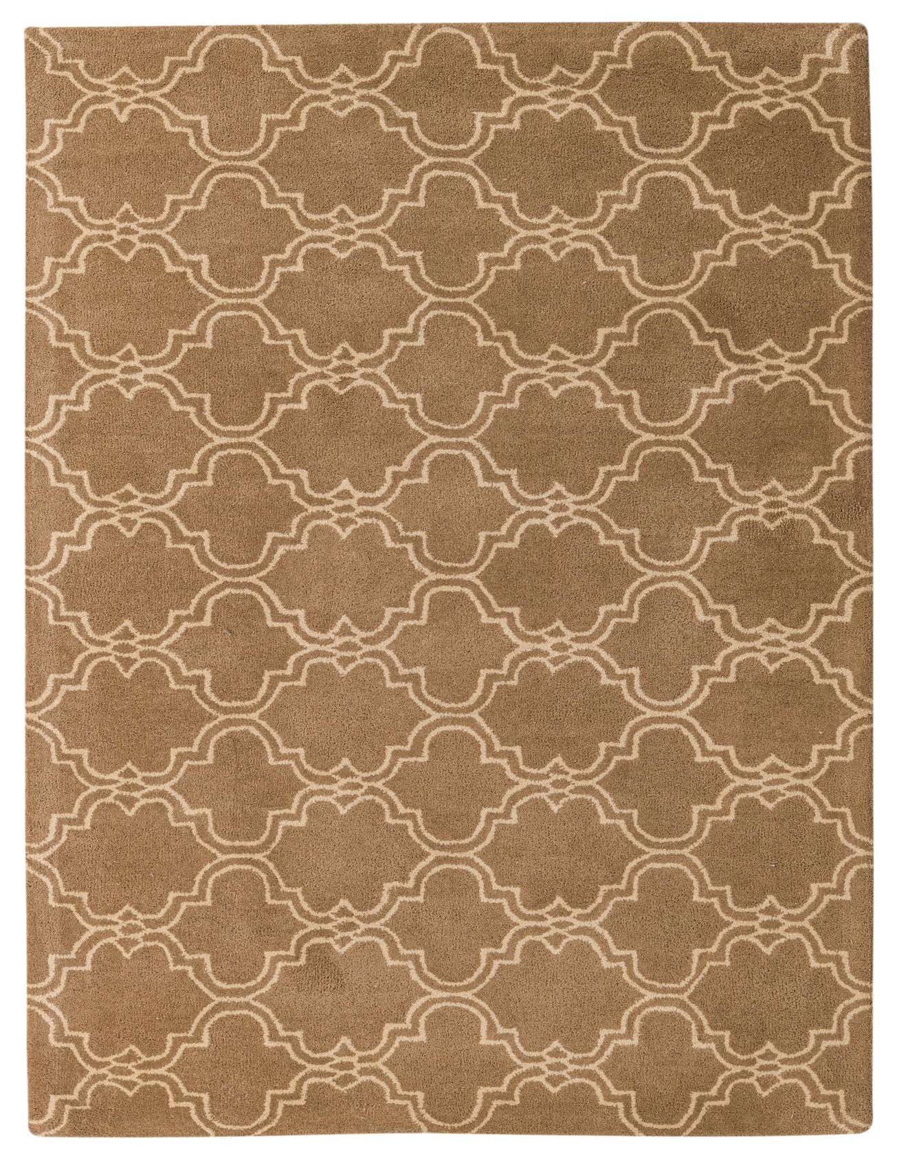 A rectangular 5x8 Luna Collection rug in brown and tan, featuring a modern abstract geometric pattern, perfect for a living room.
