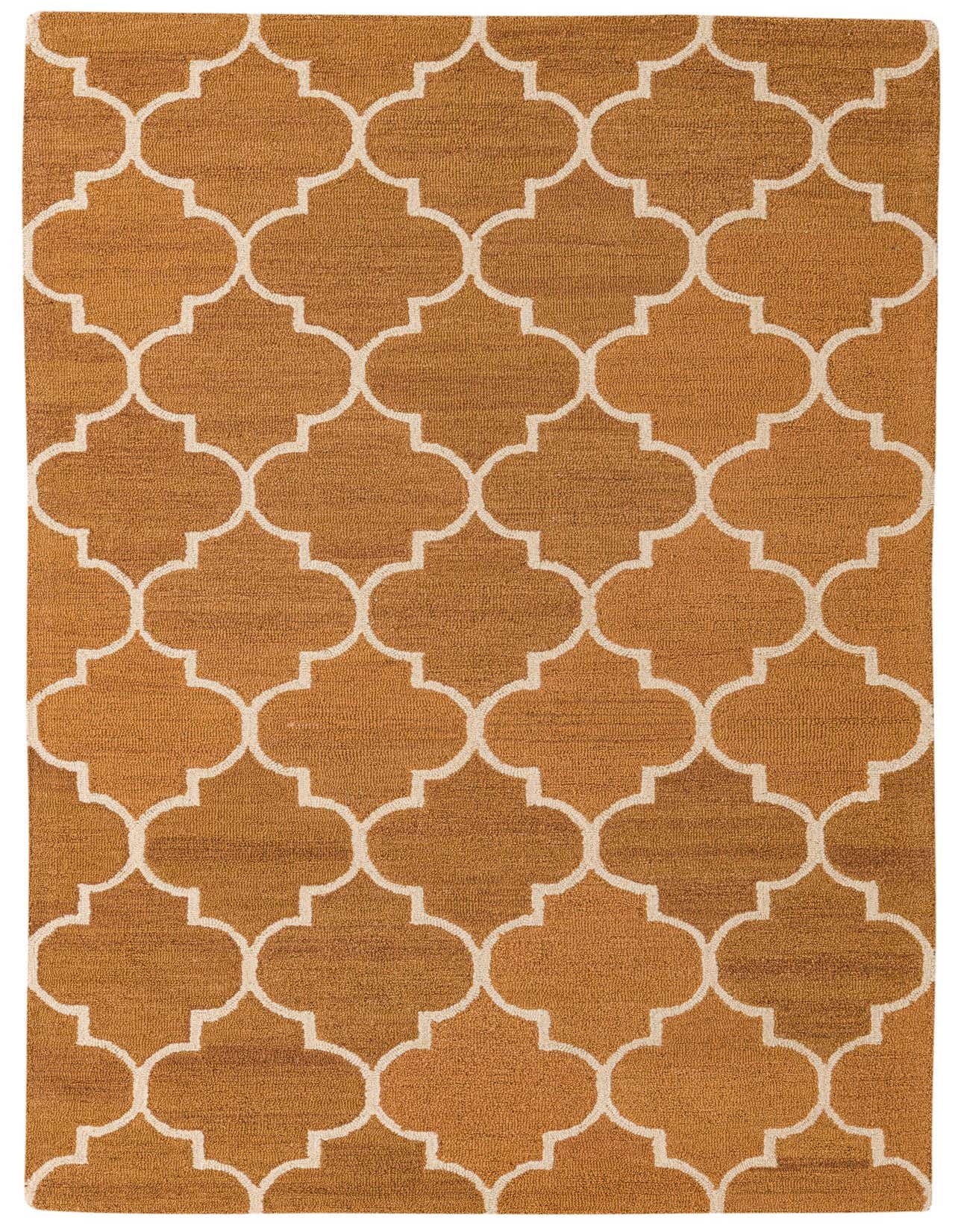 A 5x8 rectangular Luna rug in brown and tan, featuring a modern abstract quatrefoil pattern, perfect for a living room.