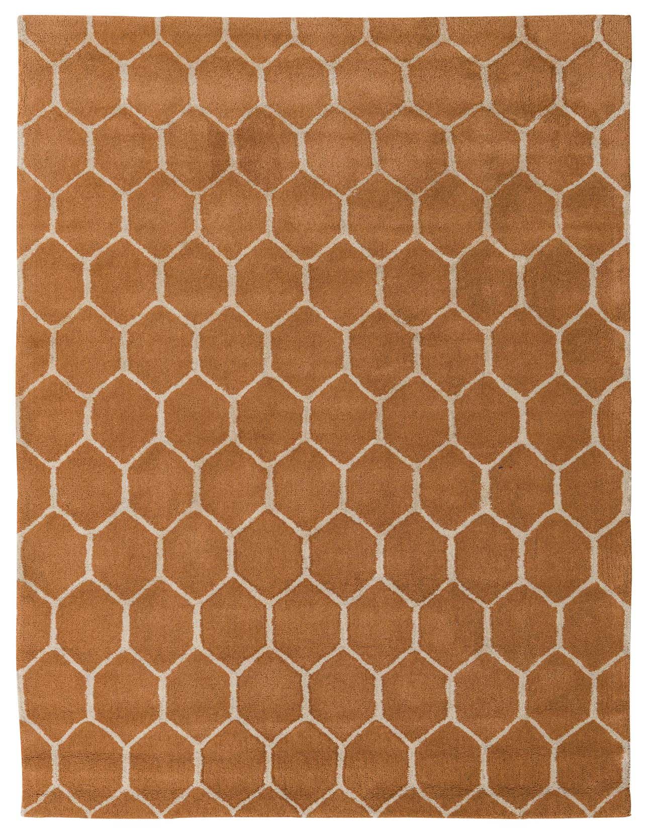 A 5x8 rectangular Luna rug by Rugs.com, featuring a modern abstract honeycomb pattern in brown and tan, ideal for a living room.