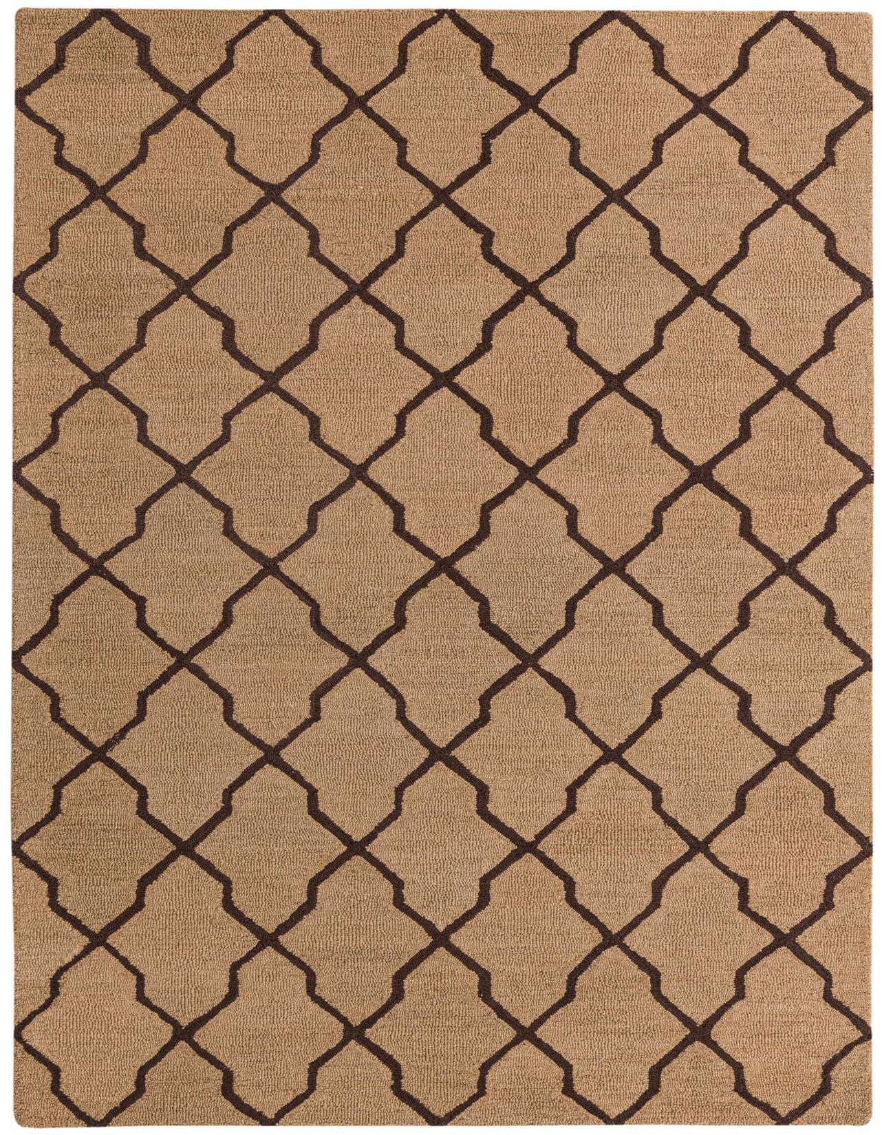 A 5x8 rectangular Luna rug in shades of brown and tan, featuring a modern abstract trellis pattern.
