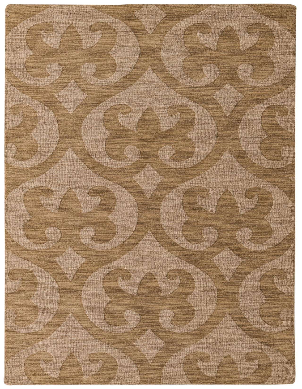 A 5x8 rectangular Luna Collection wool rug featuring a high pile and a modern abstract pattern in varying shades of brown and tan.